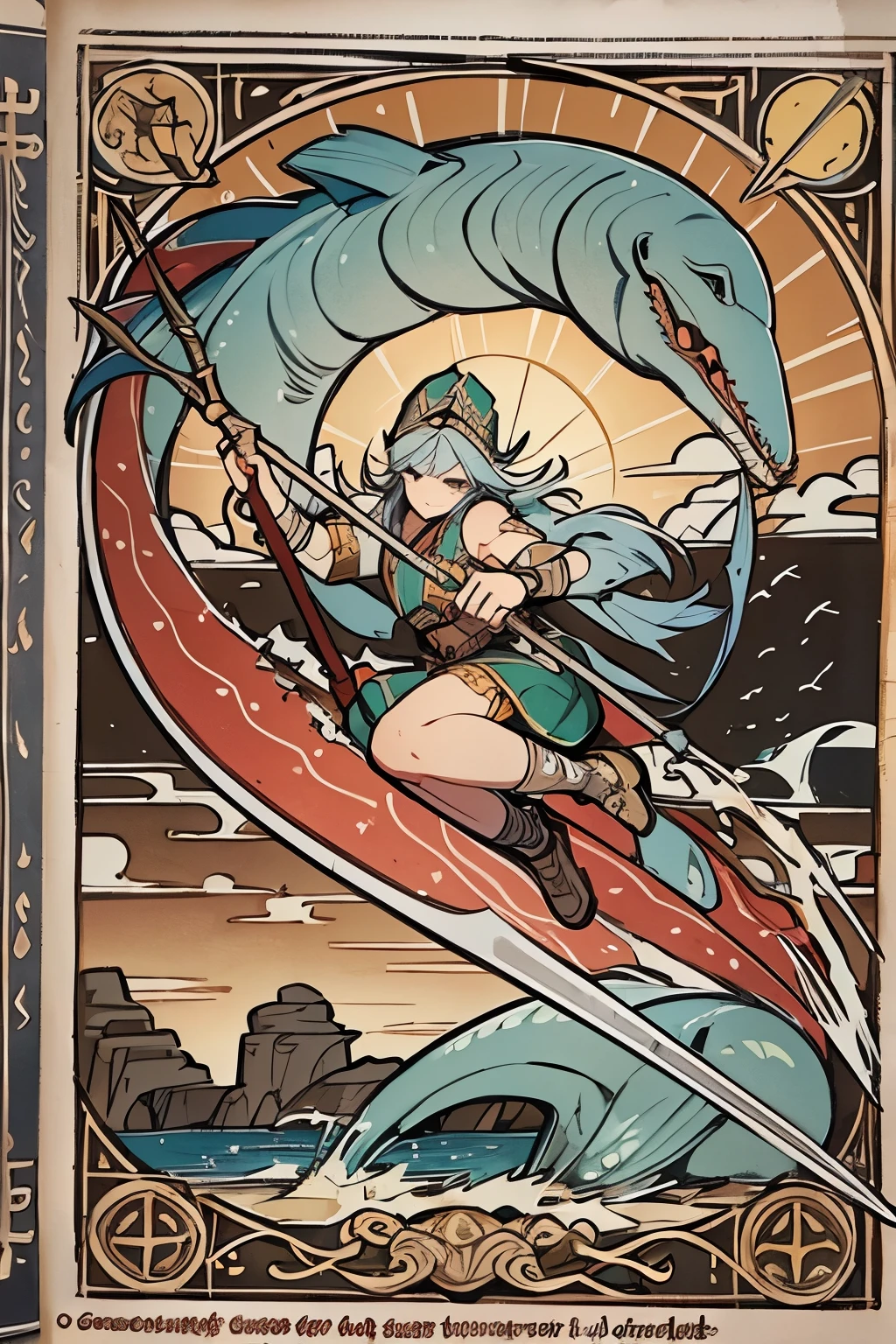 sea hunter, strong fisherman, spear, by bestiary_style, masterpiece, best quality, high detailed face, solo, harpoon, whale hunter, whale hunting, hunting sea monster, sea monster killer, using spear, throwing spear, jumping with spear, movement, on action, RPG, rpg class, class design, rpg character, rpg game, by bestiary_style, masterpiece, best quality, perfect arms, perfect hands, high detailed hands, best quality hands, perfect fingers, high detail face, technology, scifi
