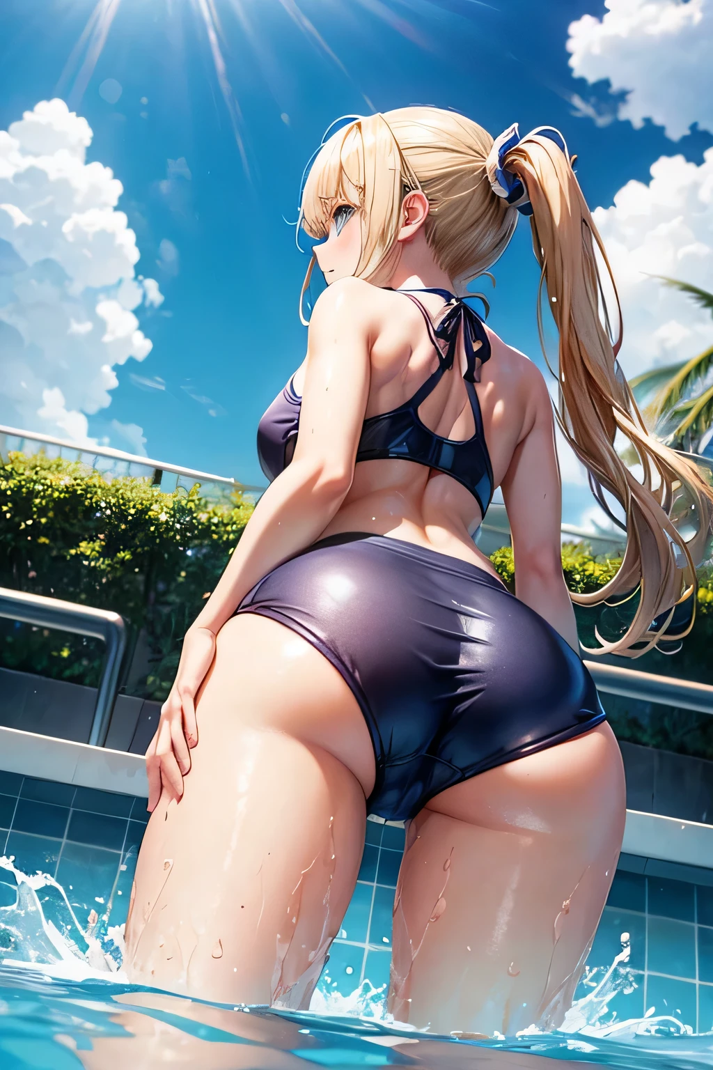 Rear view、school swimwear、wet body、wet hair、beautiful magician、blonde twintails、((whole body))、(((photo taken from below)))、pool