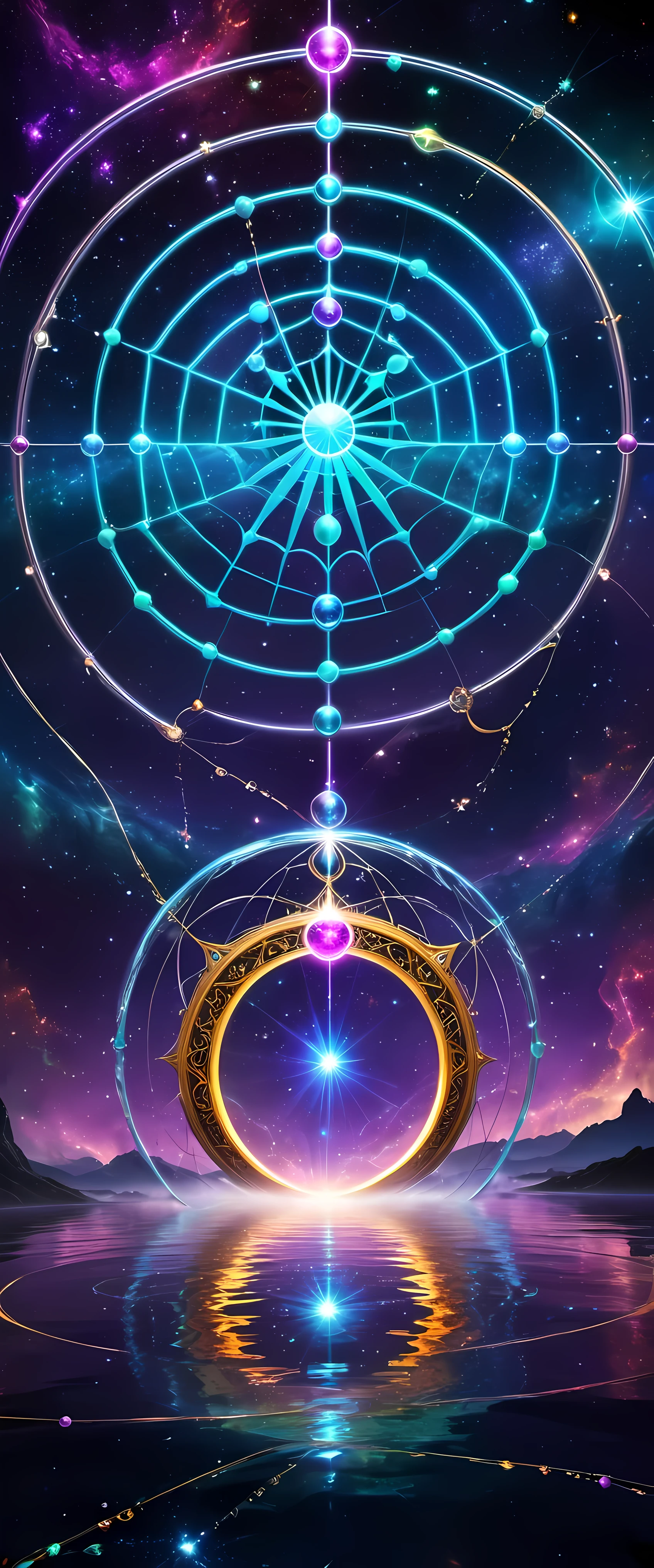 A giant spider and its web are the protagonists of the piece. The Internet becomes a magic circle representing mysterious energy. Circles filled with bright colors，Each color symbolizes a different energy, thereby enriching and diversifying artistic works. Universe space background, Decorated with floating spheres and celestial bodies, Introduce depth and visual appeal. Intricate details such as textures, Wire, and embellishments present a vibrant scene. Magic circle follows mandala design，Show a sense of mystery. within the circle, glowing energy rings and radiating Wire boost their allure. Ethereal lighting effects transform the composition into a fantasy scene. Fractal patterns of celestial bodies set against sacred geometry in the background，Refined aesthetics and enhanced mystique. Floating Celestial Resonance Magic Array, render magnetism、Striking scenes. The whole picture is calm and full of energy, Create a beautiful and charming fantasy space