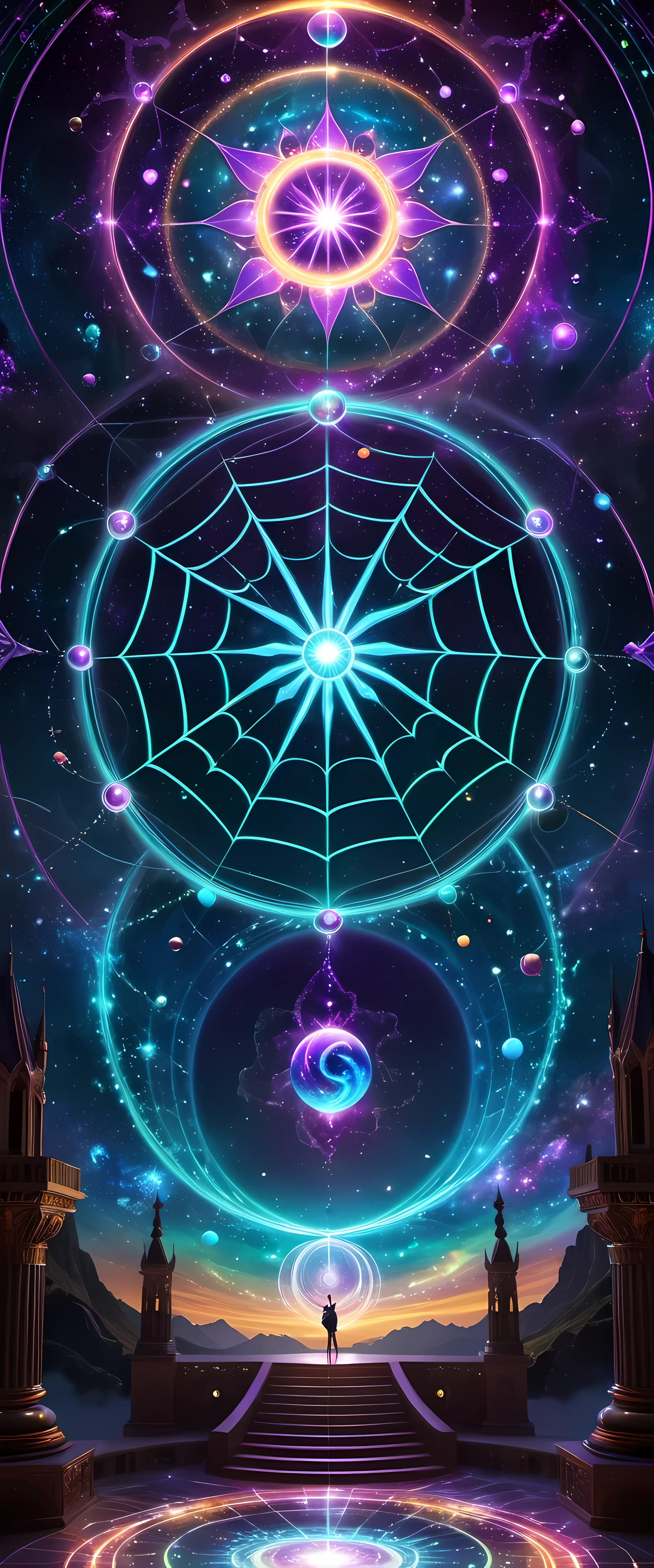 A giant spider and its web are the protagonists of the piece. The Internet becomes a magic circle representing mysterious energy. Circles filled with bright colors，Each color symbolizes a different energy, thereby enriching and diversifying artistic works. Universe space background, Decorated with floating spheres and celestial bodies, Introduce depth and visual appeal. Intricate details such as textures, Wire, and embellishments present a vibrant scene. Magic circle follows mandala design，Show a sense of mystery. within the circle, glowing energy rings and radiating Wire boost their allure. Ethereal lighting effects transform the composition into a fantasy scene. Fractal patterns of celestial bodies set against sacred geometry in the background，Refined aesthetics and enhanced mystique. Floating Celestial Resonance Magic Array, render magnetism、Striking scenes. The whole picture is calm and full of energy, Create a beautiful and charming fantasy space