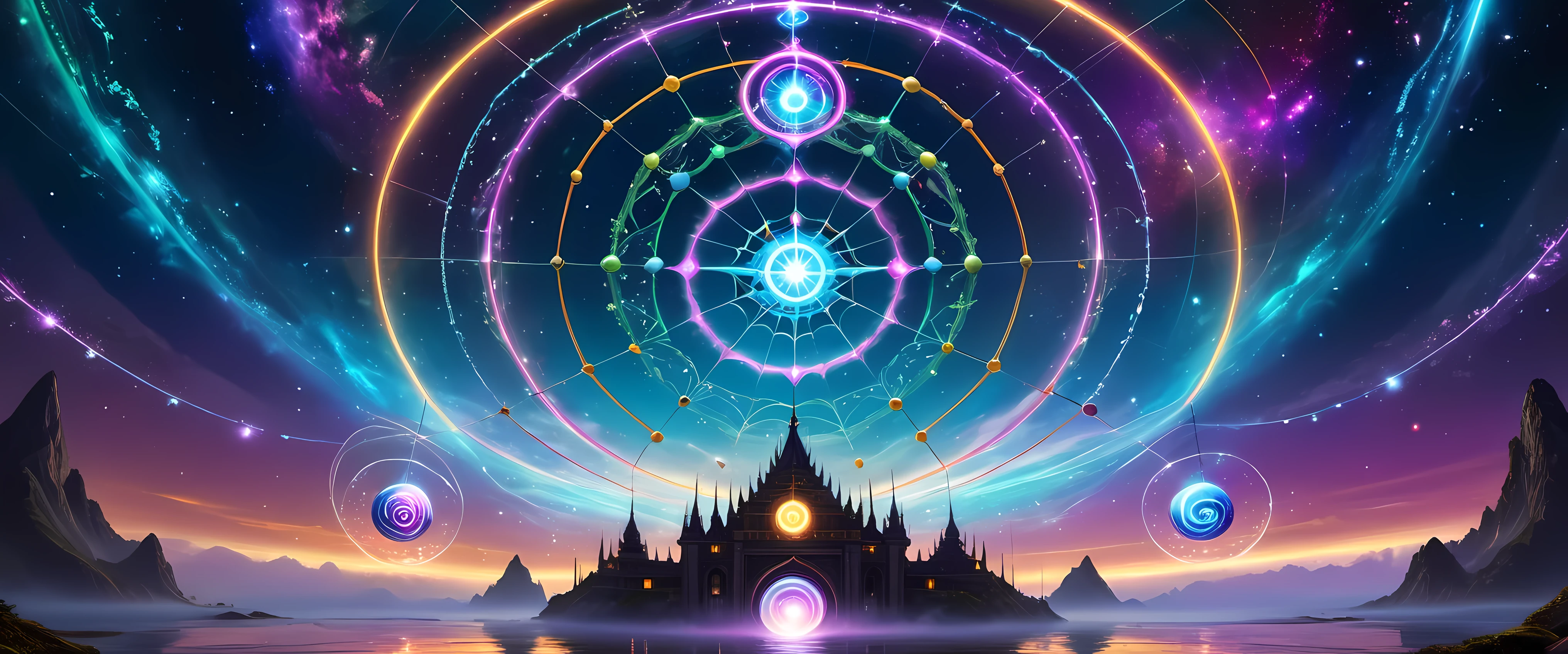 A giant spider and its web are the protagonists of the piece. The Internet becomes a magic circle representing mysterious energy. Circles filled with bright colors,Each color symbolizes a different energy, thereby enriching and diversifying artistic works. Universe space background, Decorated with floating spheres and celestial bodies, Introduce depth and visual appeal. Intricate details such as textures, Wire, and embellishments present a vibrant scene. Magic circle follows mandala design,Show a sense of mystery. within the circle, glowing energy rings and radiating Wire boost their allure. Ethereal lighting effects transform the composition into a fantasy scene. Fractal patterns of celestial bodies set against sacred geometry in the background,Refined aesthetics and enhanced mystique. Floating Celestial Resonance Magic Array, render magnetism、Striking scenes. The whole picture is calm and full of energy, Create a beautiful and charming fantasy space
