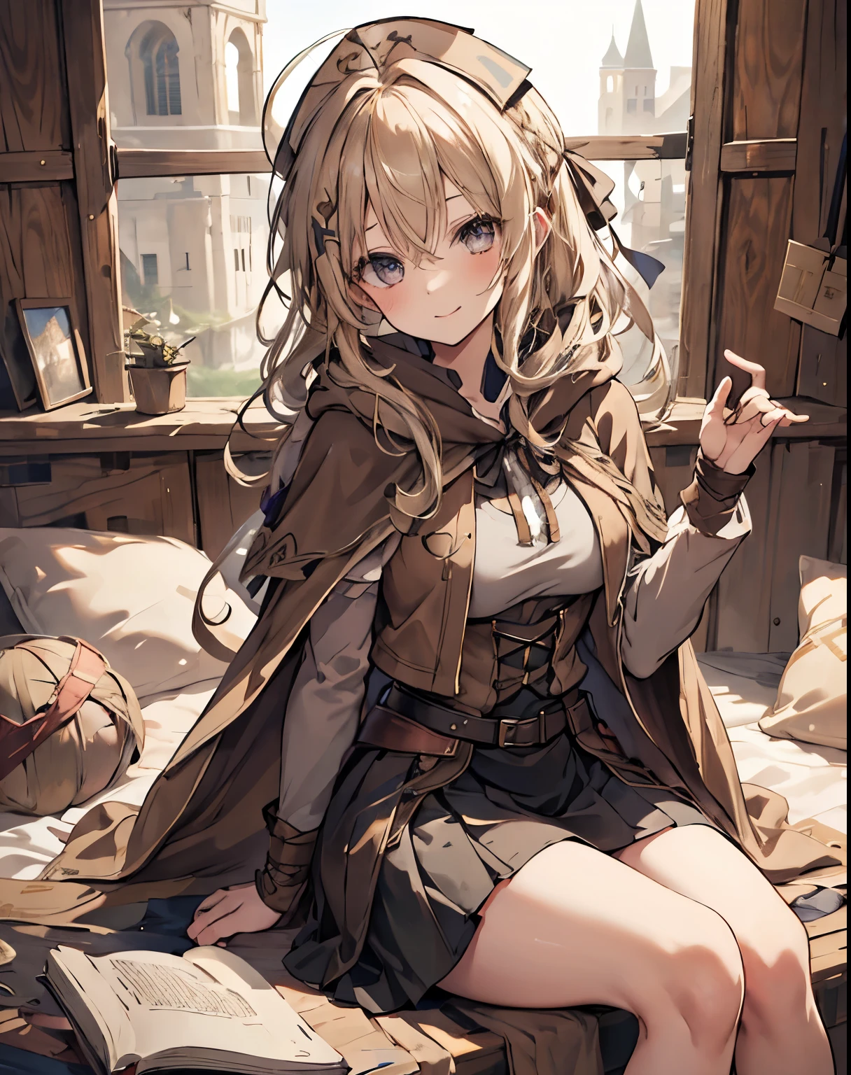 masterpiece,1girl, sparrow, a blonde haired girl, wearing a medieval villager clothes, curly long hair, messy hair, black skirt, slim body, wearing hair ribbon, wearing brown capelet with hoody, big breasts, she close her left eye, shirt ornament, lolippai, seductive expression, beautiful breasts, rounded breasts, crimson eyes, dress, miniskirt, sit in medieval bed, ahoge, seductive smile, breast armor, braid hair, invite to sit together, nurse cap, brown vest