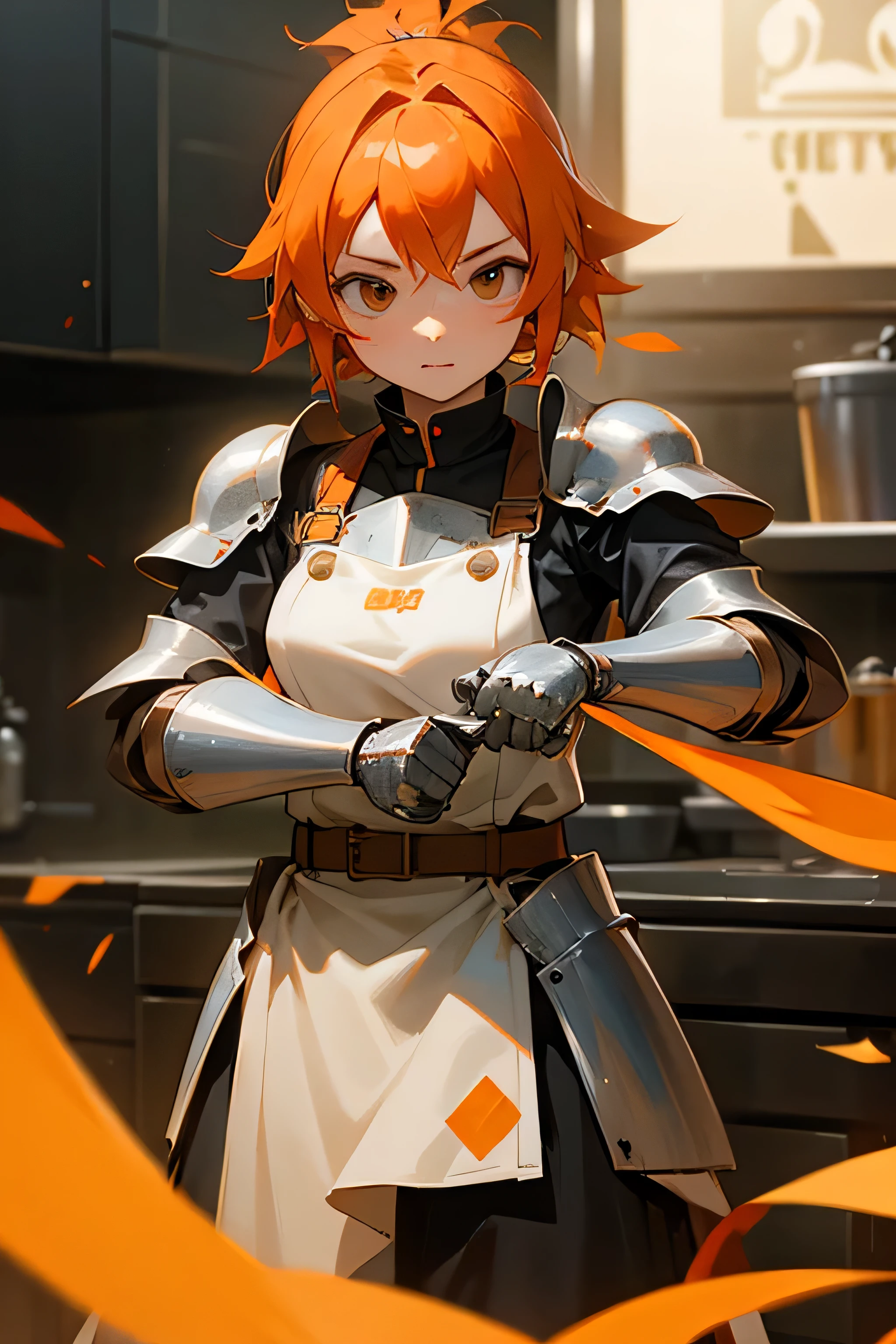 chef girl with orange hair and metal armor