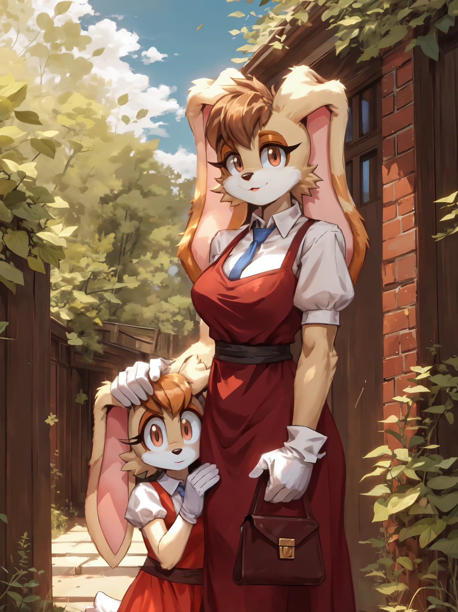 masterpiece, best quality, high quality, perfect hands, beautiful detailed eyes, furry, furry female, vanilla the rabbit with her daughter, rabbit girl, animal nose, animal ears, brown fur, light brown hair, duo, furry girl in orange dress hiding behind her mother, looking at viewer, holding a purse, red outfit, red casual dress with short sleeves, blue tie, (white gloves), outdoors, mother put hand on her daughter head:0.6), (rabbit tail:0.6)