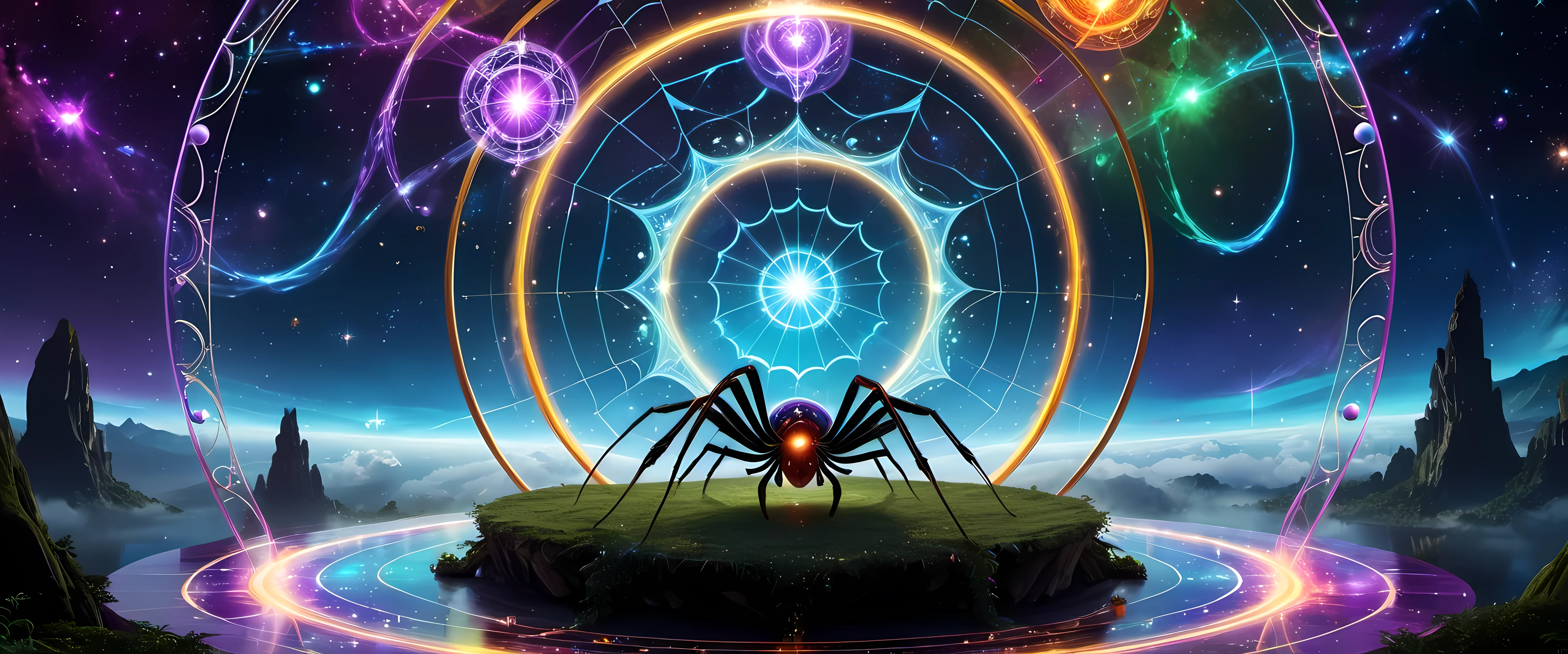 A giant spider and its web are the protagonists of the piece. The Internet becomes a magic circle representing mysterious energy. Circles filled with bright colors，Each color symbolizes a different energy, thereby enriching and diversifying artistic works. Universe space background, Decorated with floating spheres and celestial bodies, Introduce depth and visual appeal. Intricate details such as textures, Wire, and embellishments present a vibrant scene. Magic circle follows mandala design，Show a sense of mystery. within the circle, glowing energy rings and radiating Wire boost their allure. Ethereal lighting effects transform the composition into a fantasy scene. Fractal patterns of celestial bodies set against sacred geometry in the background，Refined aesthetics and enhanced mystique. Floating Celestial Resonance Magic Array, render magnetism、Striking scenes. The whole picture is calm and full of energy, Create a beautiful and charming fantasy space