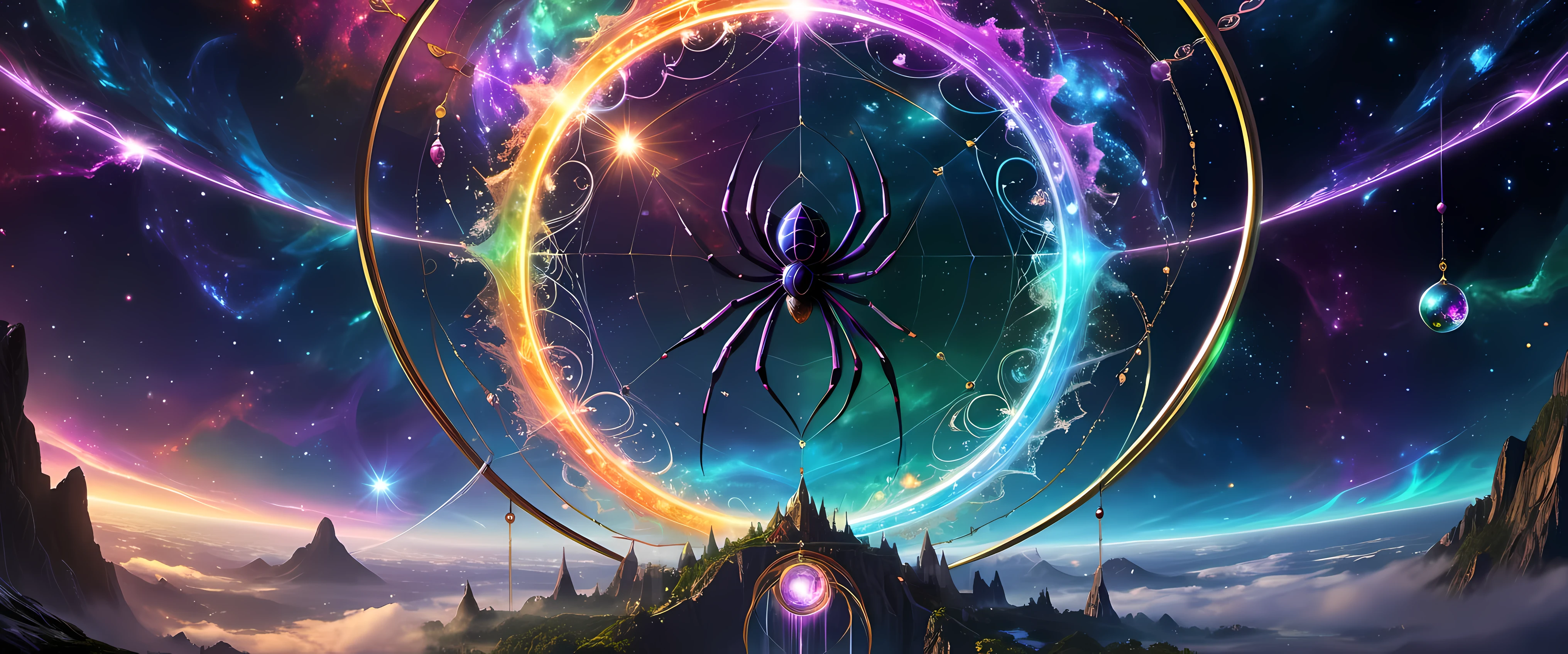 A giant spider and its web are the protagonists of the piece. The Internet becomes a magic circle representing mysterious energy. Circles filled with bright colors,Each color symbolizes a different energy, thereby enriching and diversifying artistic works. Universe space background, Decorated with floating spheres and celestial bodies, Introduce depth and visual appeal. Intricate details such as textures, Wire, and embellishments present a vibrant scene. Magic circle follows mandala design,Show a sense of mystery. within the circle, glowing energy rings and radiating Wire boost their allure. Ethereal lighting effects transform the composition into a fantasy scene. Fractal patterns of celestial bodies set against sacred geometry in the background,Refined aesthetics and enhanced mystique. Floating Celestial Resonance Magic Array, render magnetism、Striking scenes. The whole picture is calm and full of energy, Create a beautiful and charming fantasy space