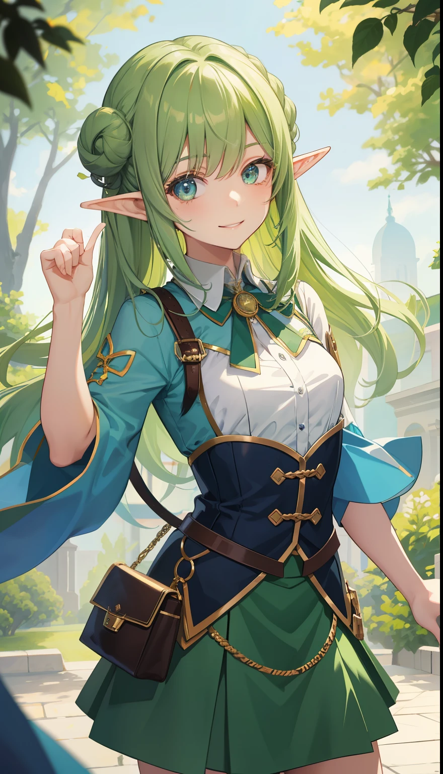 1 girl、smile、pretty girl、elf、green hair、shirt、skirt、（small breasts）、Portrait from the crotch up、