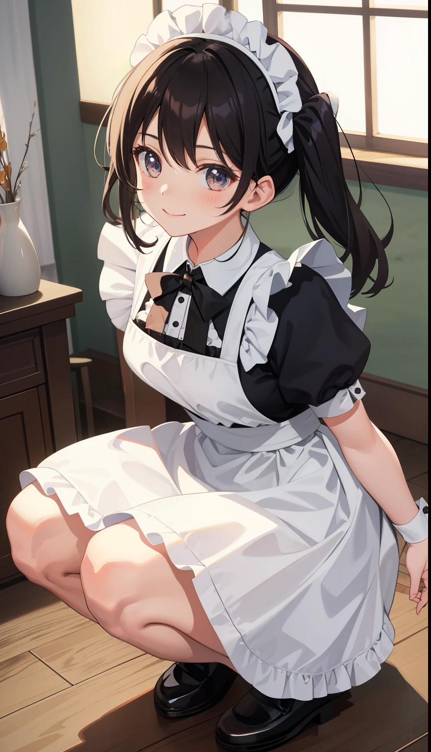 1 girl、smile、shirt、skirt、apron、hair ornaments、cream hair、maid、maidコスチューム、(small breasts)、Wind、squat、