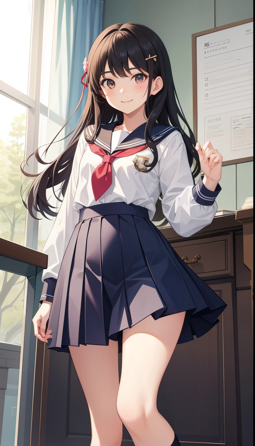 ((Highest quality)), ((masterpiece)), (detailed), a , nsfw, beautiful, ((blue sailor uniform)), short shiny black hair, black eyes, seductive smile at viewer, classroom, on chair, embarrassed, vulgarity, from below, small breasts, skirt lift, opened vagina, ((public hair)), 