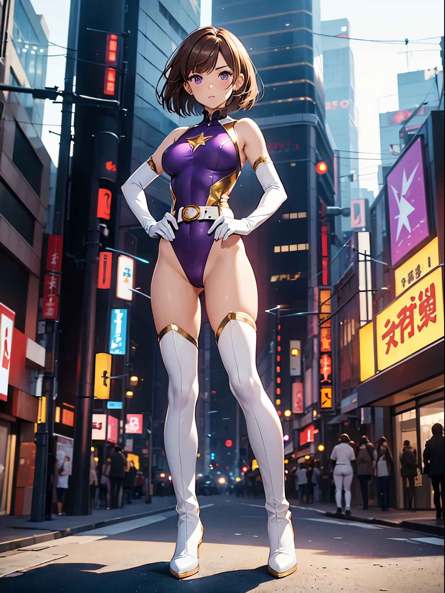 1girl, medium breasts, leotard, white and red leotard, bare legs, tight belt, gold belt, boots, matching boots, ankle boots, white boots, gloves, white glove, city backdrop, tokyo city backdrop, solo, single, hands on hip, standing, full body shot, cowboy shot, superhero, beautiful detailed eyes, mature lady, (gold star symbol on chest), (brown hair, short hair, bob hair), (purple eyes), sleeveless, perfect anatomy, masterpiece