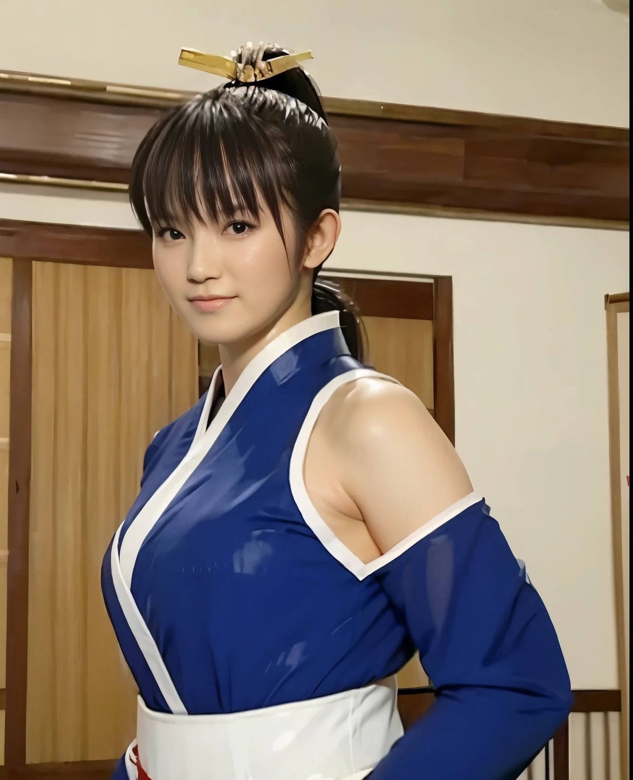 (highest quality:1.2),(perfect beautiful face:1.2),(perfect and beautiful posture:1.2),(japanese woman:1.1), ponytail hair,practice at the dojo, smile, (Chunky muscular body:1.2),Ultra-high precision photos,clear eyes, (blue japanese clothes:1.2)