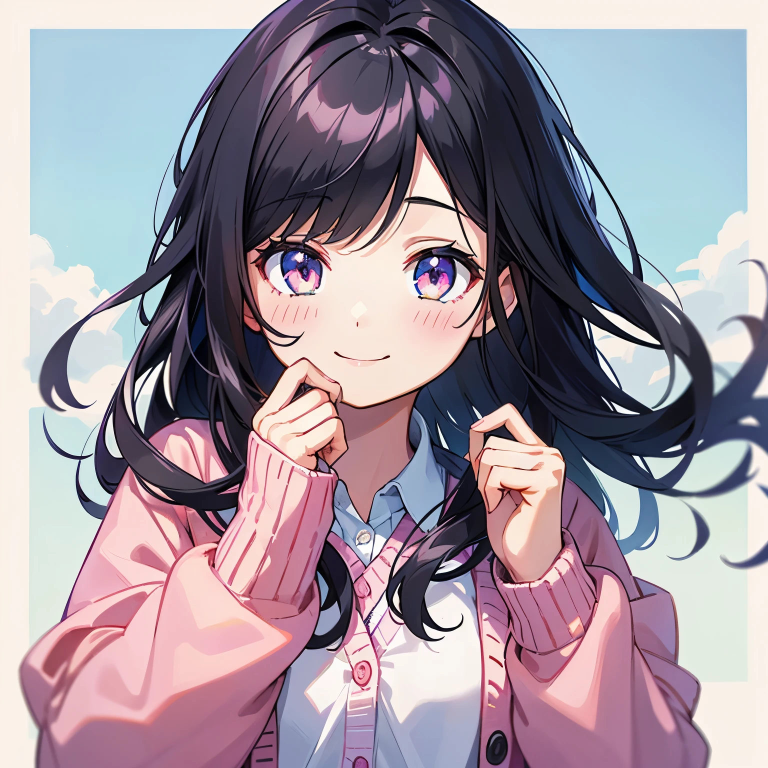 1girl,Best Quality,Masterpiece,high school girl,black hair,middium_hair,pink cardigan,Front view,blush,smile