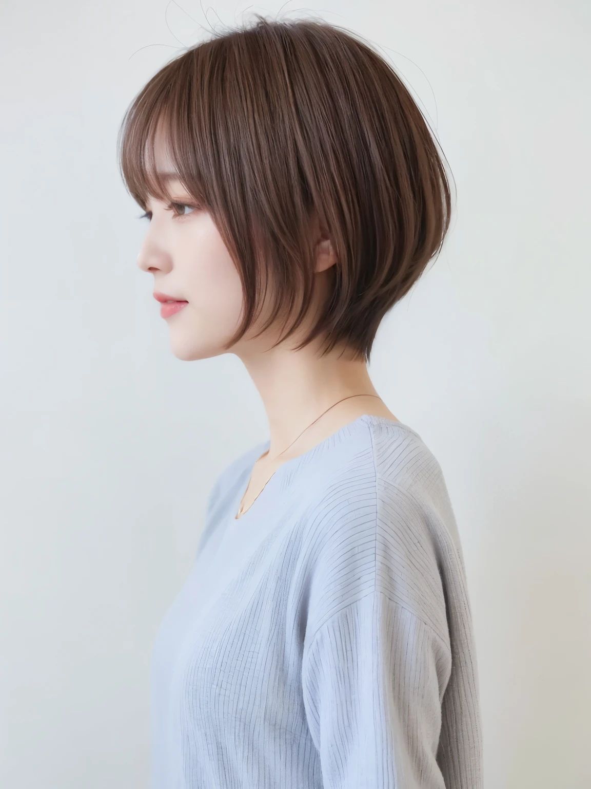 Grey long-sleeved dress、(8k、RAW photo、highest quality、masterpiece:1.2)、High-definition RAW color photo、professional photos、(realistic、photo realistic:1.37)、cinematic light、1 girl、laughter、white wall、Taken in front of the white door、(窓のあるwhite wallの部屋)、Various poses、break (ombre:1.3) 、simple necklace、spring clothes、(Beautiful profile:1.3)、don't look at the camera、profile、dark brown hair color、short hair