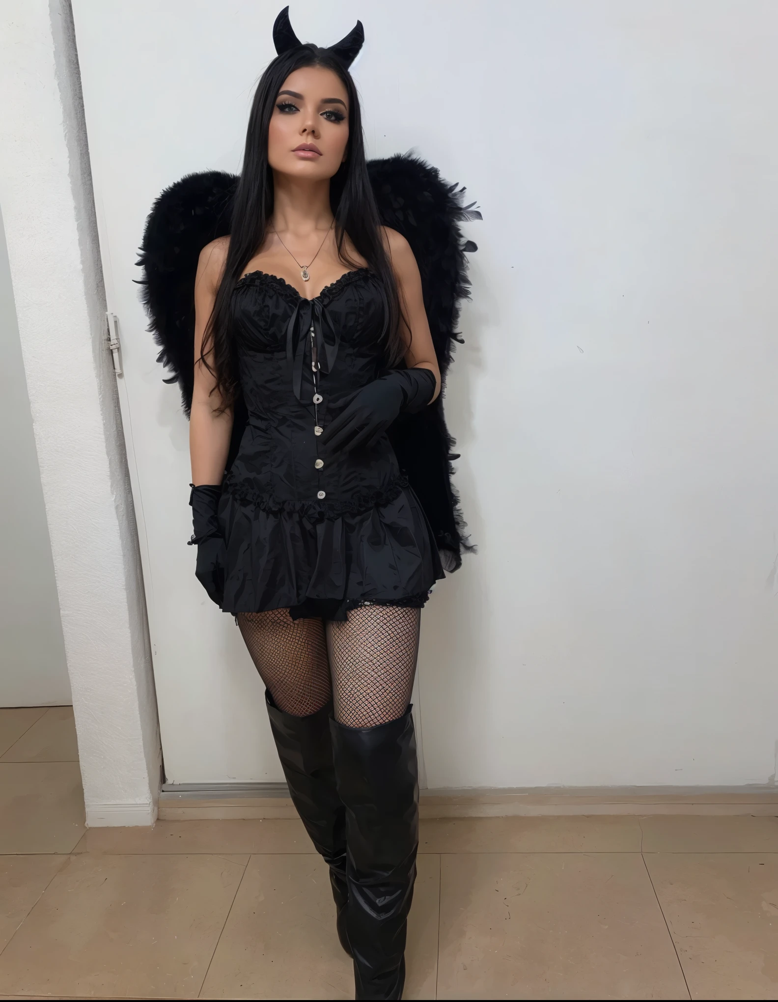 there is a woman in a black dress and black angel wings, en un estilo de halloween, dark angel, villainess has black angel wings, Gothic outfit, Angel with black wings, Gothic!!, cuerpo completo con disfraz, cosplay, black angel wings, fallen angel, charmed mirada sexy, Alas de encaje ?????, angel wearing, mirada sexy, fantasy costume