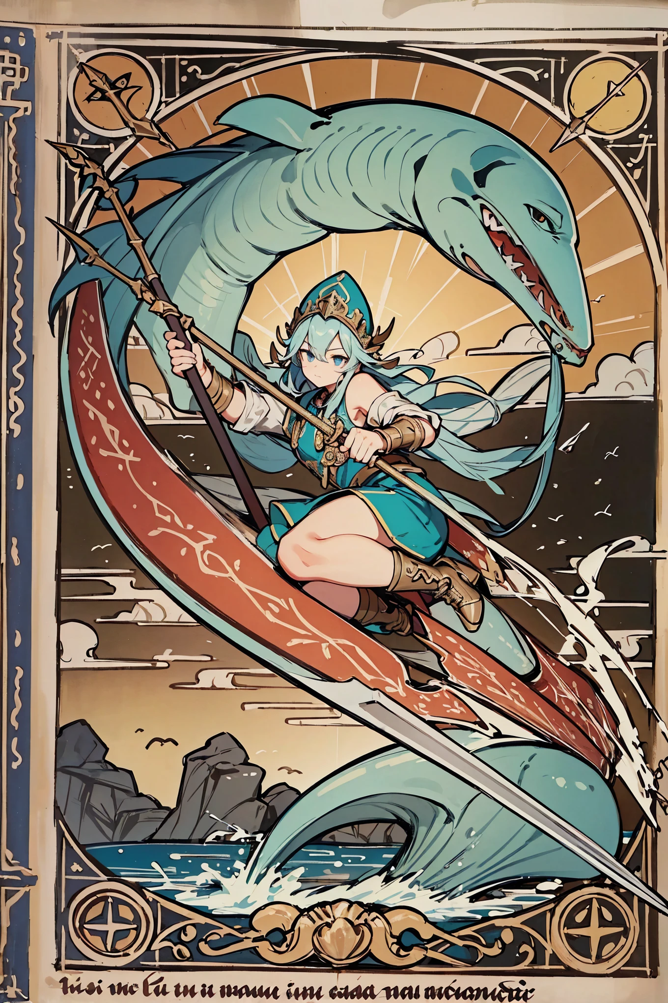 sea hunter, strong fisherman, spear, by bestiary_style, masterpiece, best quality, high detailed face, solo, harpoon, whale hunter, whale hunting, hunting sea monster, sea monster killer, using spear, throwing spear, jumping with spear, movement, on action, RPG, rpg class, class design, rpg character, rpg game, by bestiary_style, masterpiece, best quality, perfect arms, perfect hands, high detailed hands, best quality hands, perfect fingers, high detail face, technology, scifi