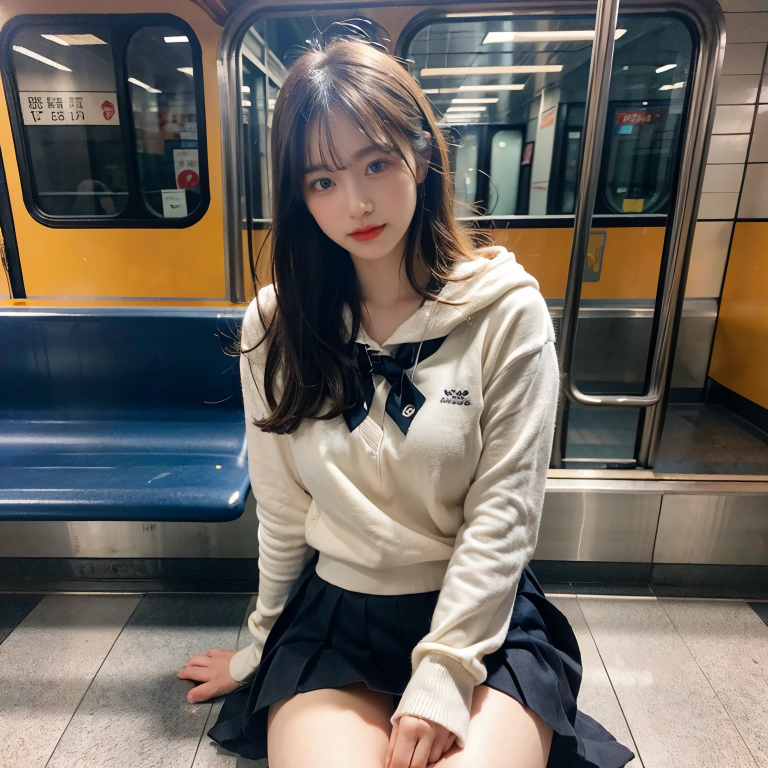(realistic、Like a photograph、live action、8k, Photoreal, RAW photo, best image quality: 1.4), Single-lens reflex camera、RAW photo, highest quality, realistic, Highly detailed CG Unity 8k wallpaper, Depth of written boundary, cinematic light, Lens flare, ray tracing, realistic background、(hoodie:1.4、pleated skirt、school uniform、big breasts、skirt lift:1.2)、((super dense skin))、 1 girl,cute japanese girl、High school girl commuting to school in Japan、((whole body:1.5)、I'm looking forward to、looking at the viewer:1.1、upper grade、embarrassed look、random hairstyle:1.2、i like the style、Snazzy、Super detailed、pay attention to details、short bob、perfect costume、(white skin)、beautiful feet:1.1,Sit in the subway、View from the front、thighs、panty shot