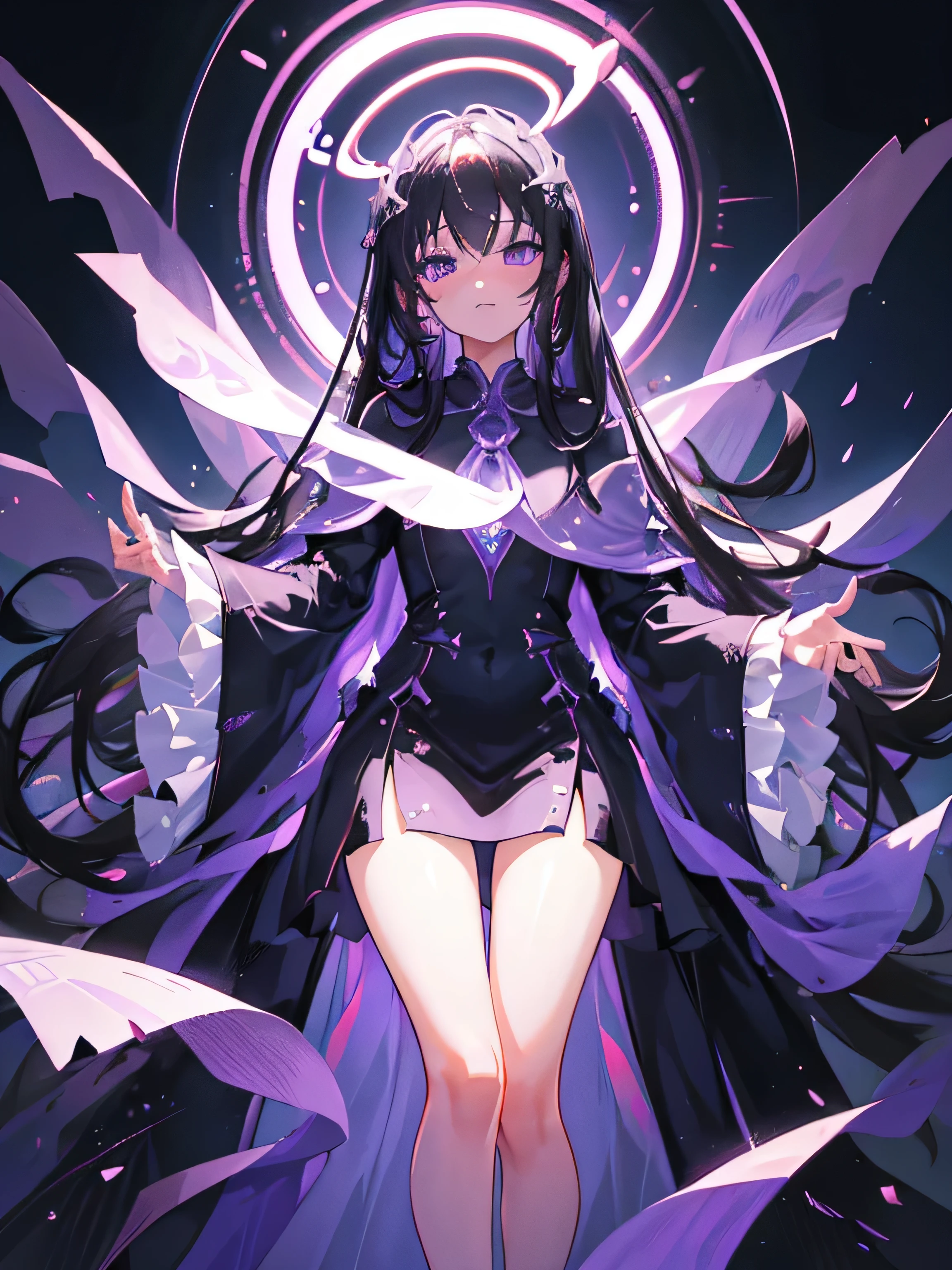 1girl, long loose hair (black hair), (purple eyes), wearing long dress, (no visible thighs), black clothes, ultrasharp, 8K, [(Transparent background:1.5)::5],(((masterpiece))),(((best quality))),(((extremely detailed))),illustration, looking at viewer, mysterious,vivid color,shiny,full body,Dynamic actions, multi-color eyes, detailed eyes, hyper detailed,light smile, highly detailed, beautiful, small details, ultra detailed, best quality, intricate,beautiful lighting, (behind huge halo), purple halo,volumetric lighting