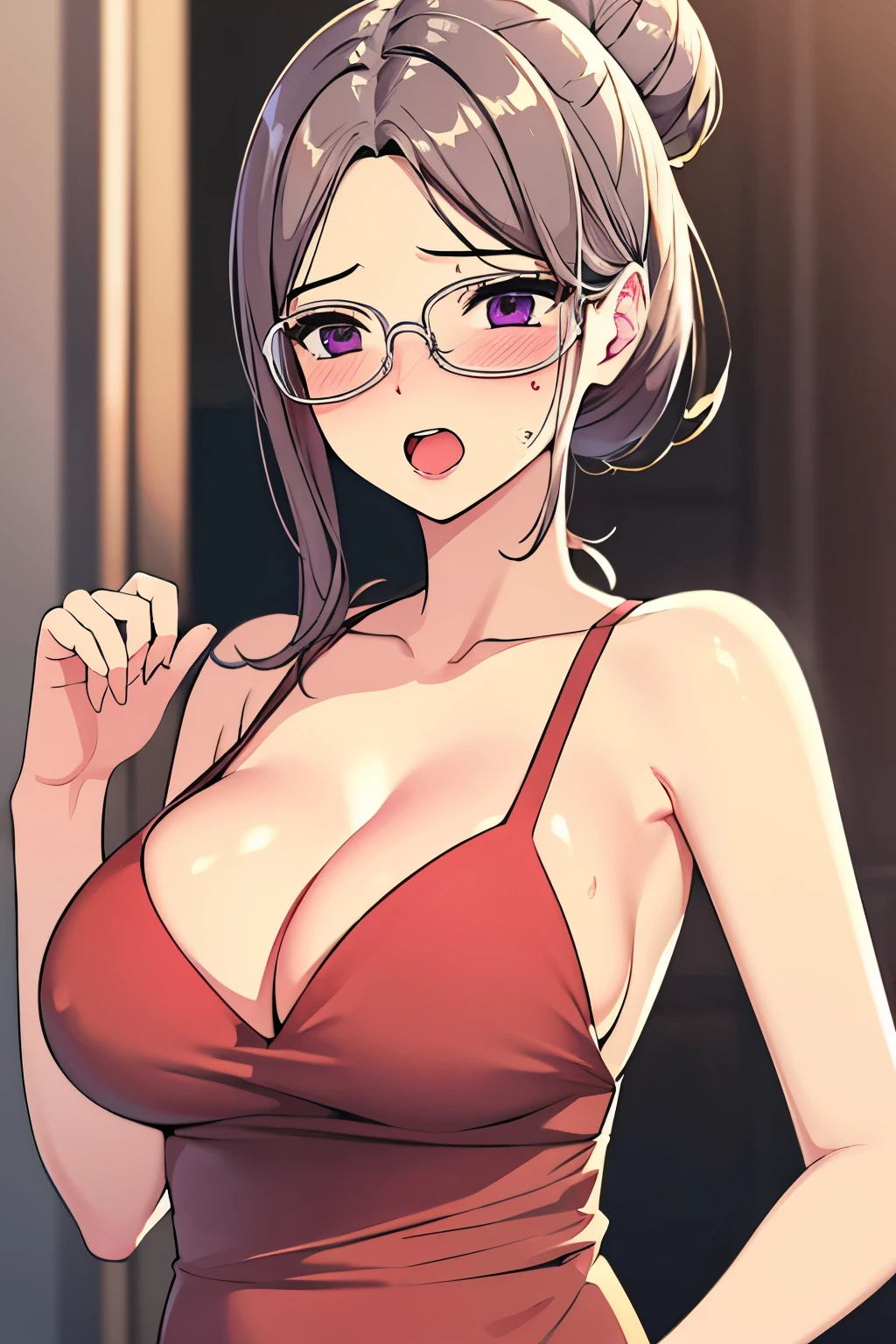 best quality,masterpiece, high res,original, beautiful detailed eyes,ultra-detailed, perfect anatomy,
solo, cowboyshot,large breasts, wide hip,glamorous body, slender body,single hair bun, bangs, messy hair, brown hair,Purple Eyes,dress, red dress, sleeveless dress, collarbone, nightgown,shameful face, blush, moaning, open mouth,perfect lighting,Colorful, Bright_Front_face_Lighting, shiny skin, shiny,
(beautiful_face:1.5),