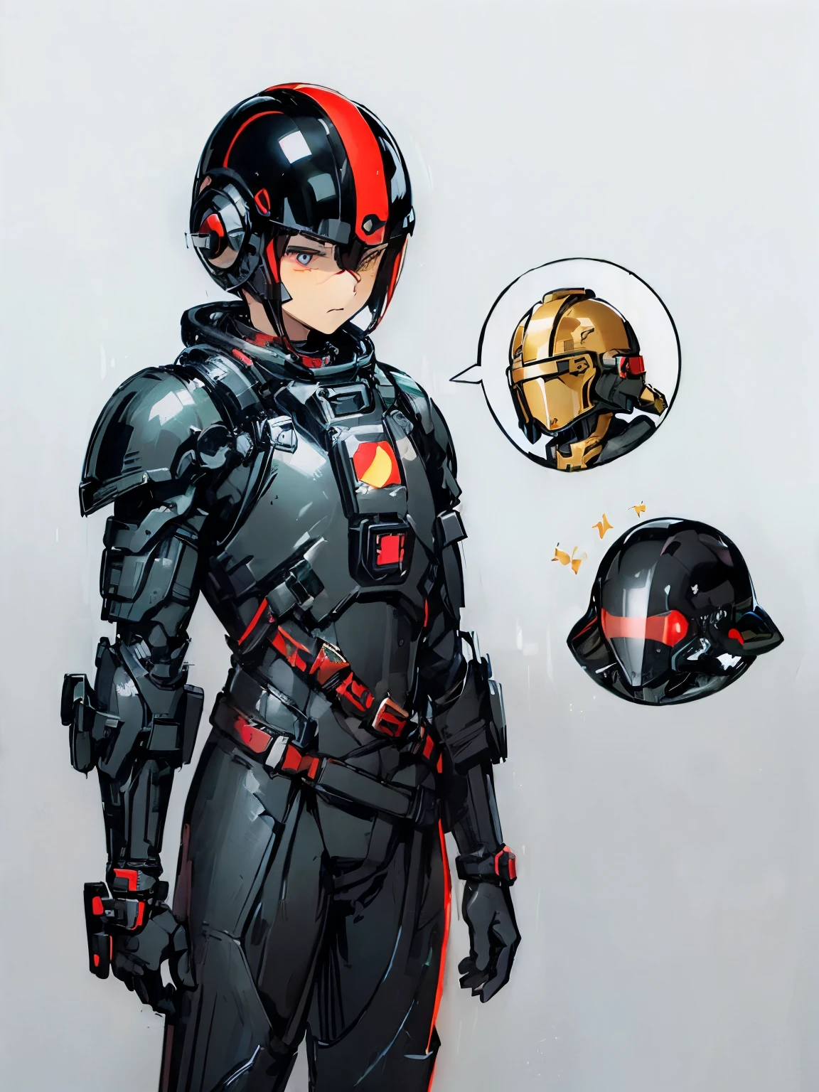 (human man:1.5), (futuristic space suit:1.2), (closed-face helmet:1.2), (black red armor, golden stripe on helmet)