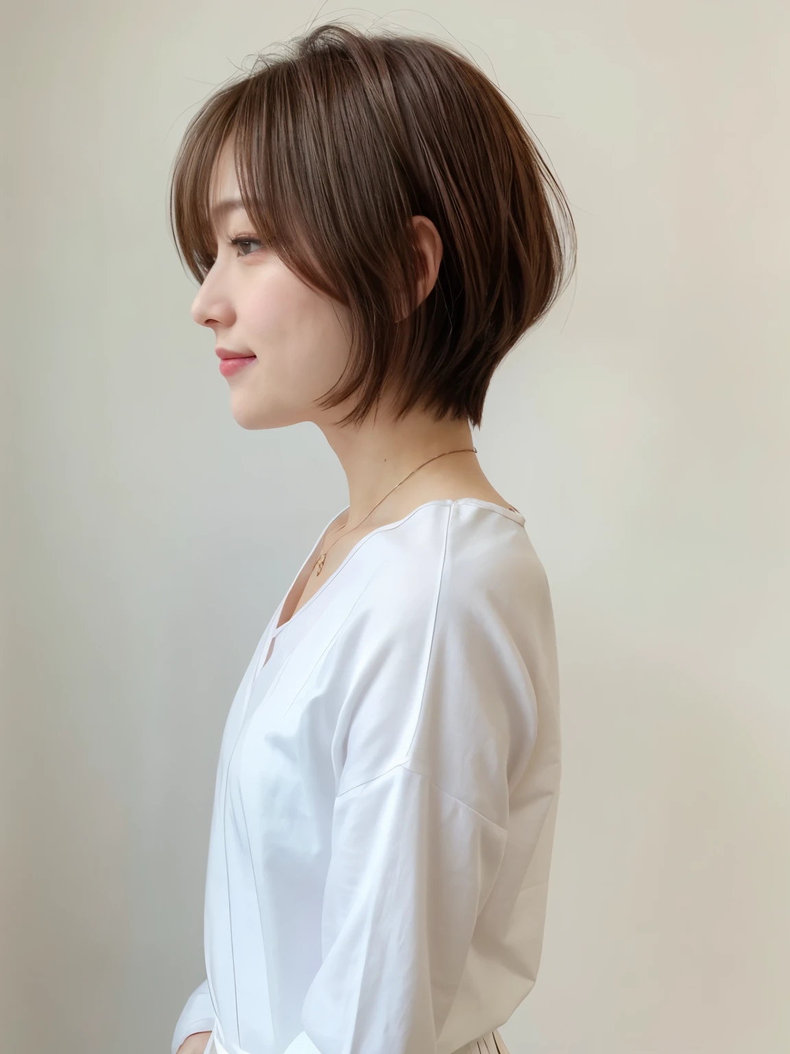 pink long sleeve dress、(8k、RAW photo、highest quality、masterpiece:1.2)、High-definition RAW color photo、professional photos、(realistic、photo realistic:1.37)、cinematic light、1 girl、laughter、white wall、Taken in front of the white door、(窓のあるwhite wallの部屋)、Various poses、break (ombre:1.3) 、simple necklace、spring clothes、(Beautiful profile:1.3)、don't look at the camera、profile、dark brown hair color、short hair