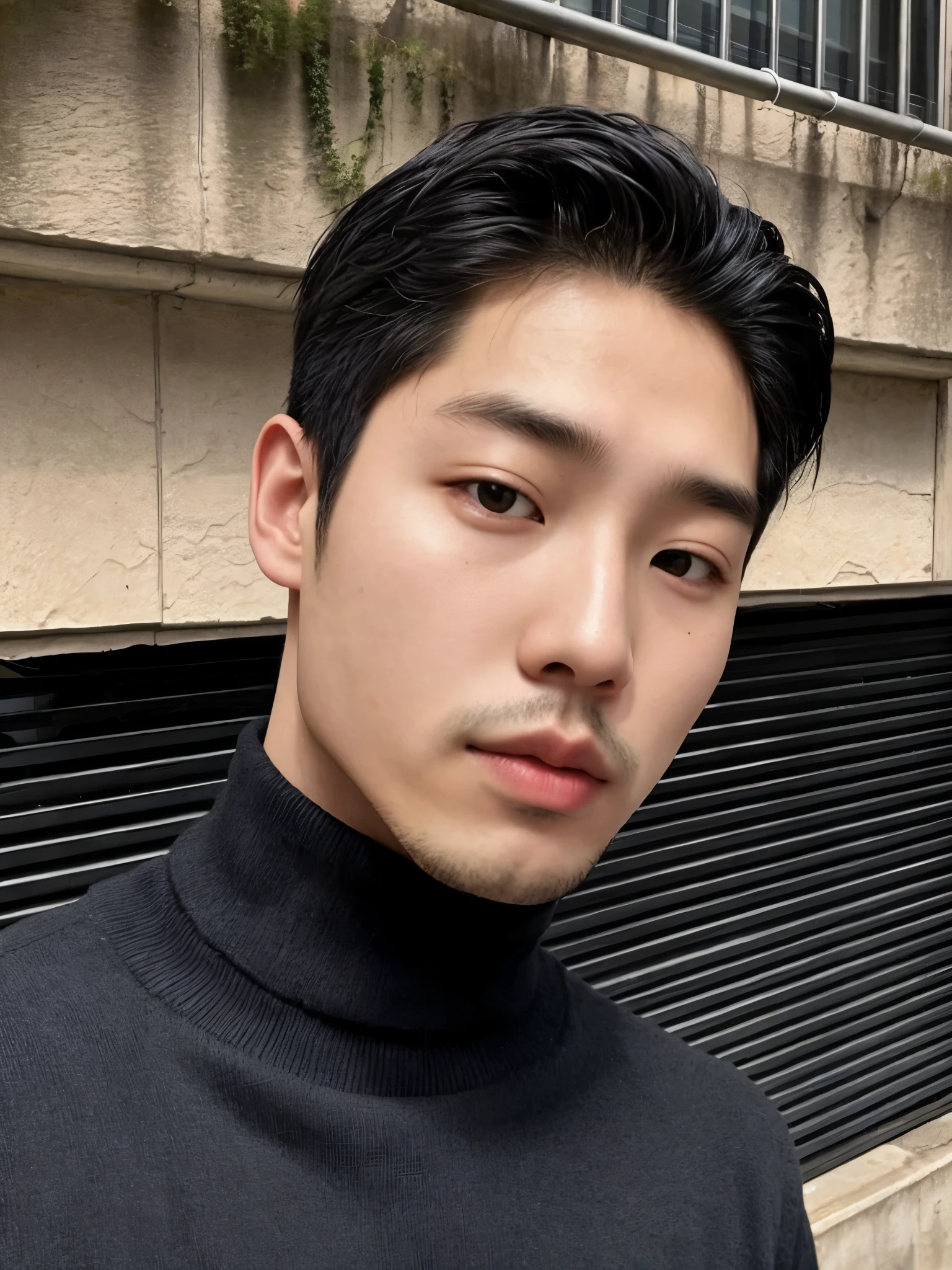 trimmed Asian man in a black turtleneck sweater in front of a building, who is siwoo, homem sul-coreano, Jinyoung Shin, taejune kim, Jaeyeon Nam, artista coreano, Kim Doyoung, hyung tae, Seseon Yoon, Wonbin Lee, Hong junho hyung, Shin Jeongho, Hyung Tae Kim, Hyung Tae Kim