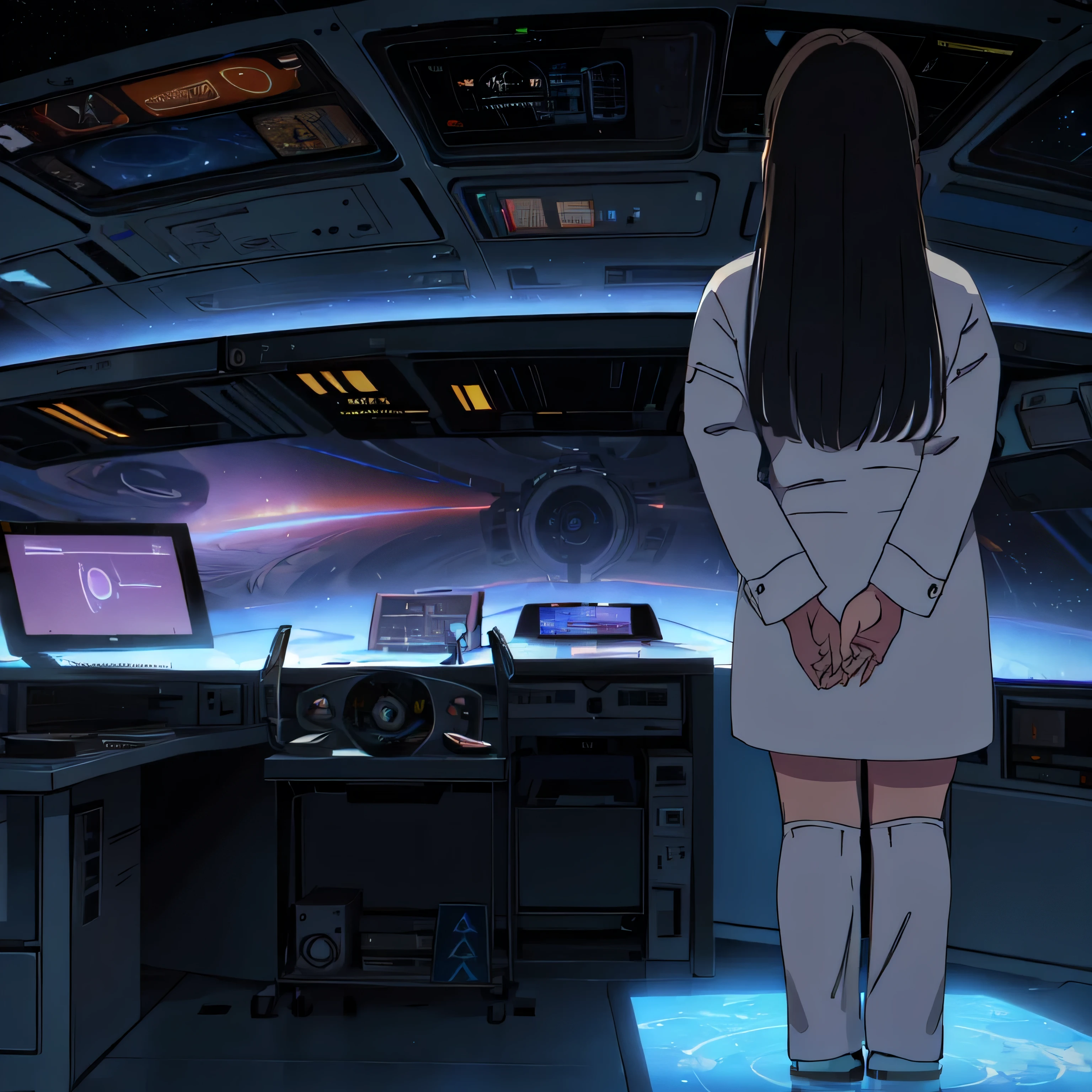 There'Woman standing on space station and looking at computer, in futuristic laboratory room, Stand at the Star Base Bar, research station, stood in the laboratory, sit in the control center, Laboratory in the background, futuristic laboratory, At the space station, in the laboratory, distant photo, wide portrait, Future science laboratory, laboratory background, Space station in the background