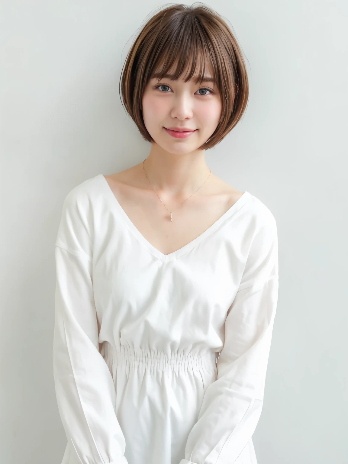 table top、Black long sleeve dress、Photographed in natural light、(8k、RAW photo、highest quality、masterpiece:1.2)、High-definition RAW color photo、professional photos、(realistic、photo realistic:1.37)、1 girl、laughter、white wall、Taken in front of the white door、(窓のあるwhite wallの部屋)、Various poses、simple necklace、spring clothes、don't look at the camera、dark brown hair color、short hair