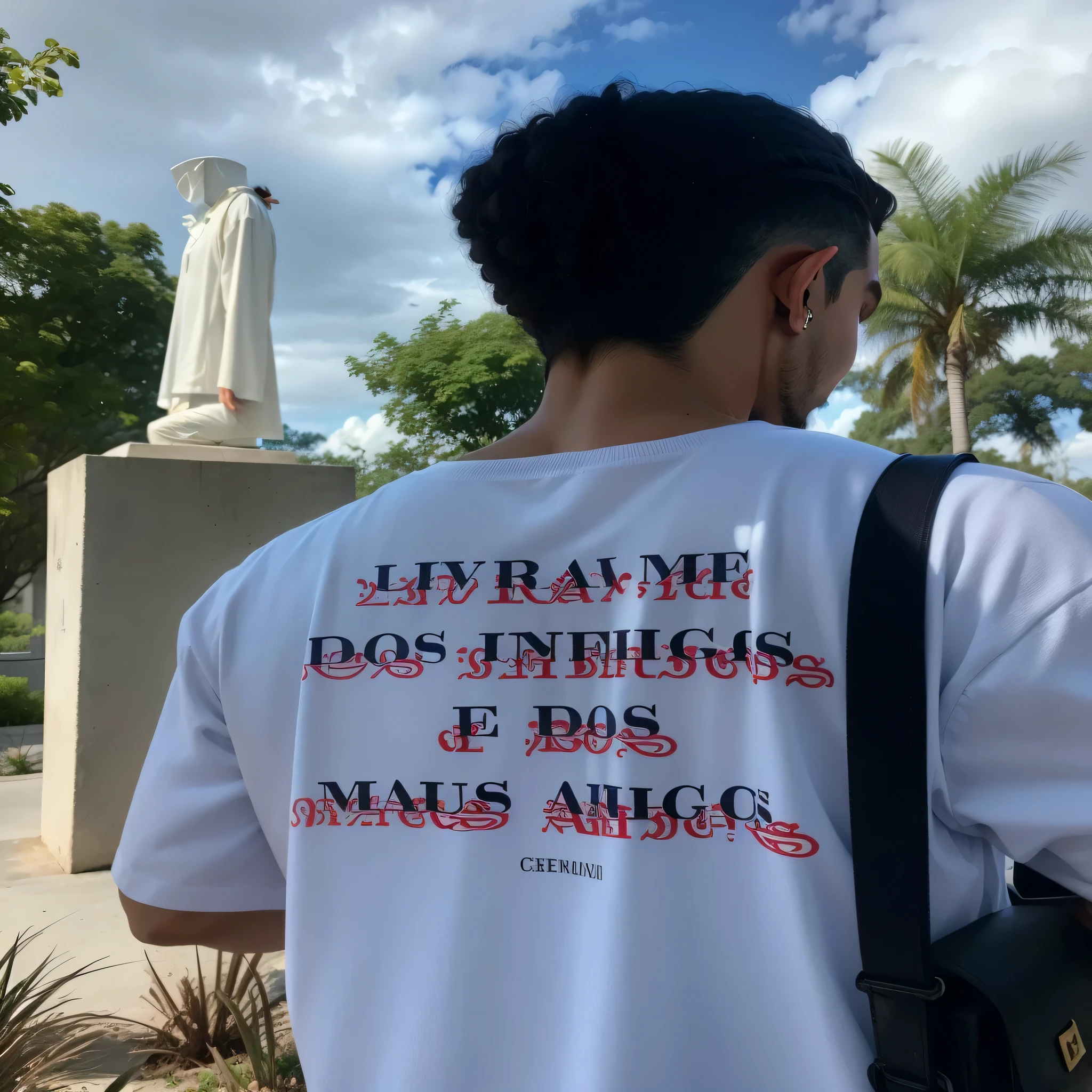 homem arafiado vestindo uma camisa branca com um desenho vermelho, trending on r/moda urbana, by João Artur da Silva, estilo medo de deus, vibrant aesthetics, survive urban fashion collection, por Emerson Silva, justapostos, por Samuel Silva, wearing pants and a t-shirt, estilo de roupa casual, por Emma Rios, aesthetics!!!!!!!!