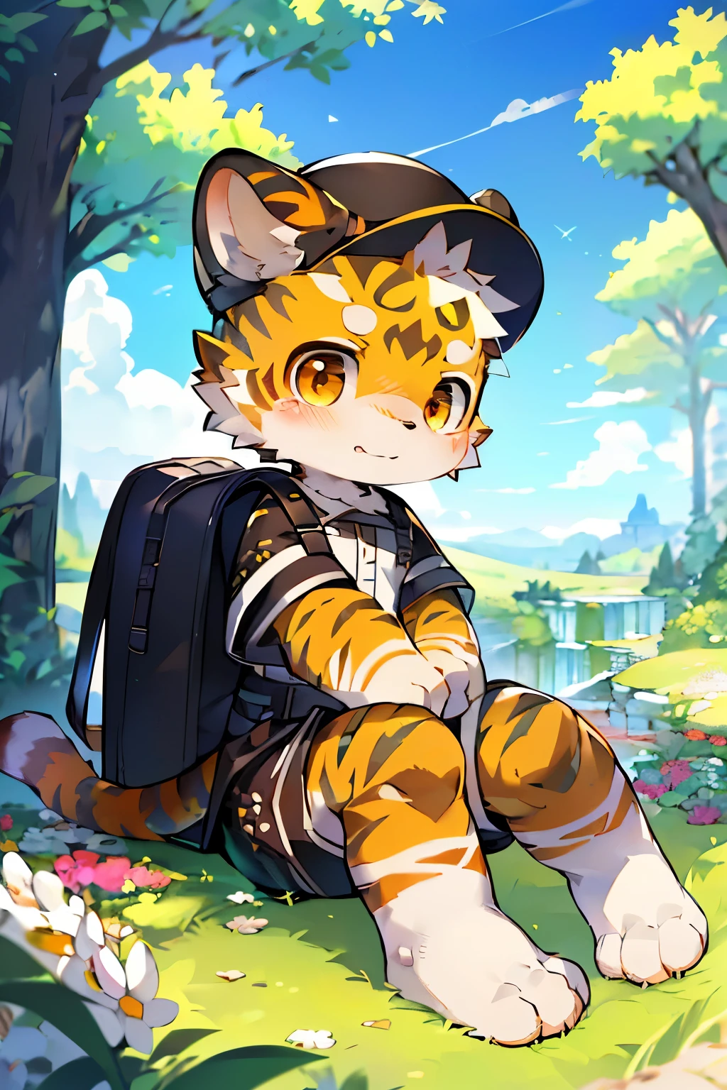 Pokémon sitting on the grass,Wearing a backpack, Concept art by Ryan Yee, pixiv contest winners, furry art, Illustration elf, Become a badass monster hunter, video game fanart, Detailed fanart,human cat, Elf art style,Uniforms,(cute white socks),(Pointed hat), Lovely and detailed digital art,,(by puinkey,by Artista:1.2),(by unrealplace,by kuroisumi,by milkytiger1145,by moki,by emolga 1,by ovopack:1.2),(by cydonia xia:0.8),(by Pino Daeni:0.8),(by hioshiru:0.8),(by chunie:0.8).