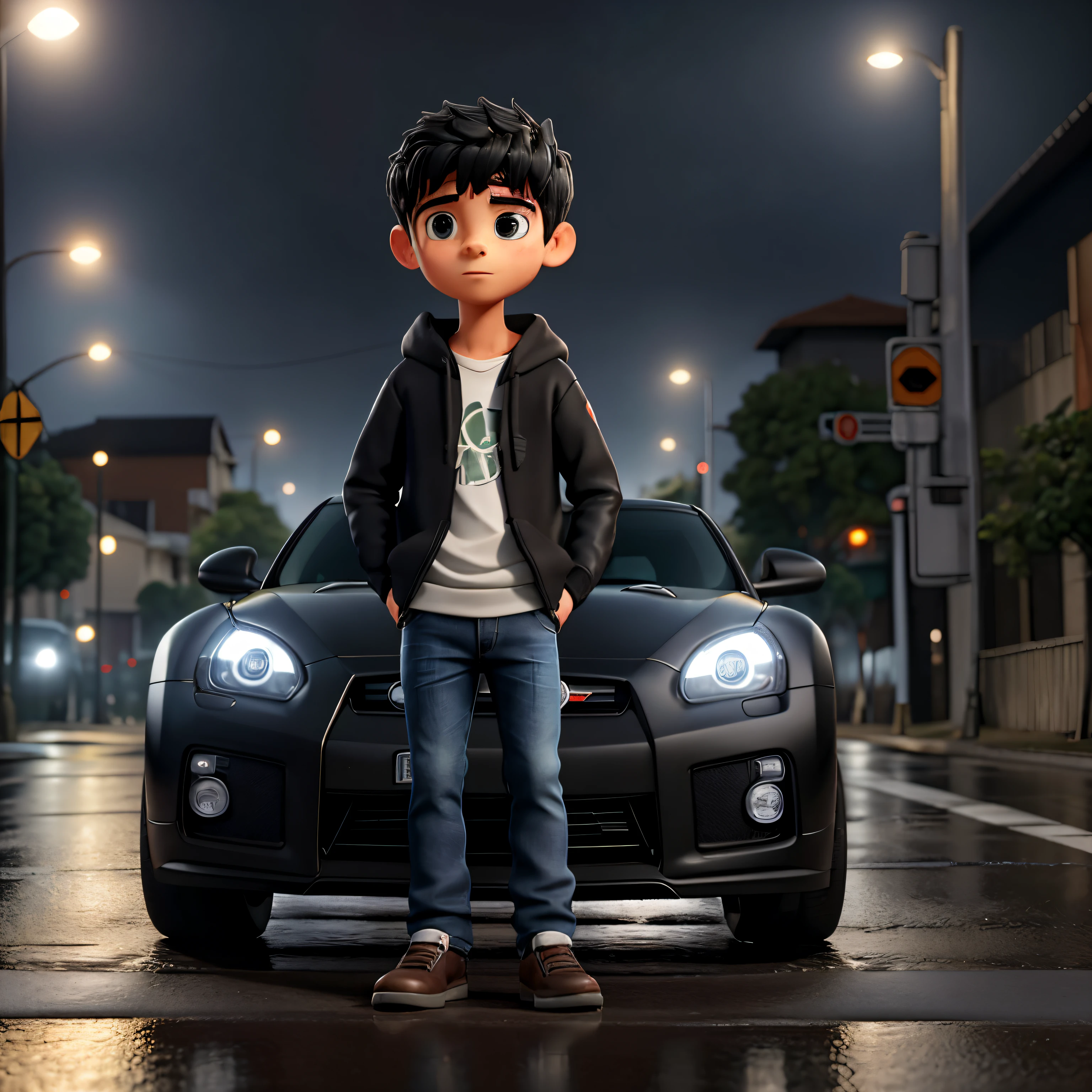 Descreva a cena de um jovem com capuz, wearing a black sweatshirt and jeans, standing on the sidewalk on a rainy night. He is looking at a shiny GTR R35 car passing on the road., Your admiration visible in your eyes. The light from the headlights reflects on the puddles of water around you, enquanto a chuva cai suavemente sobre ele. O som do motor potente ecoa no ar, misturando-se ao som da chuva. The boy remains motionless, captured by the elegance and speed of the car, dreaming of the day when you can be behind the wheel of such an impressive machine.