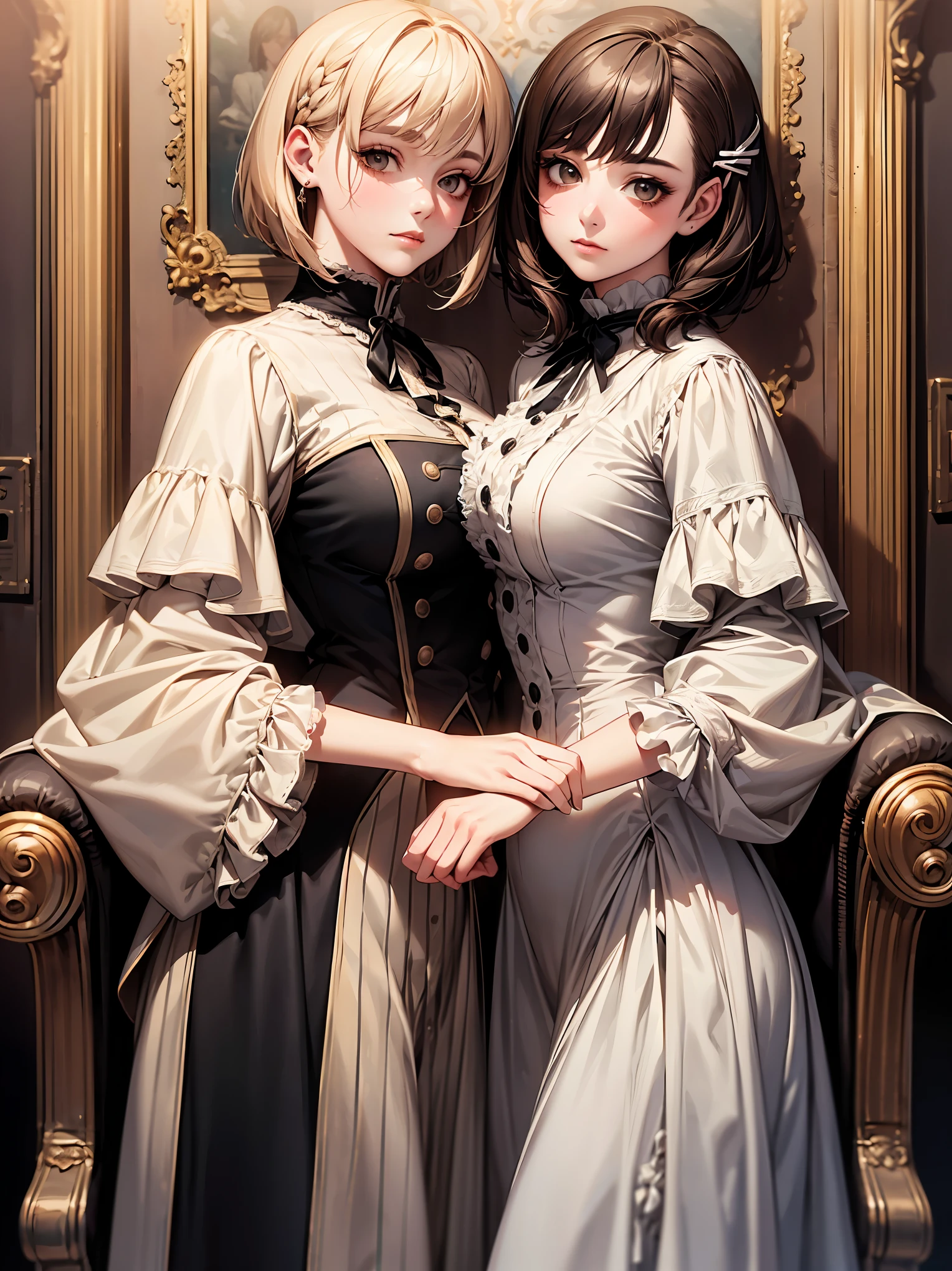 (highest quality、16K、masterpiece、ultra high resolution、Victorian era、Photoreal:1.2)、cowboy shot、One length bob cut braided hair clip with front drop、big ribbon、brand uniform cute、clear、 Tsundere、heroine attributes、artistic shadow