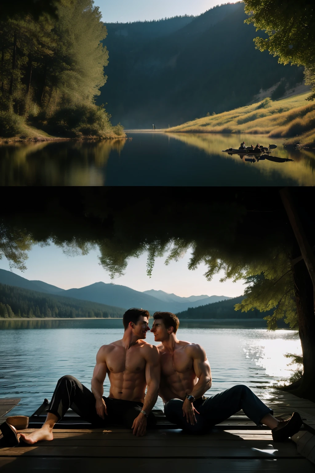 Two European and American sexy men, handsome and handsome, look like Chris Evans and Tom Cruise. They are holding each other affectionately and full of love.they are wearing nothing on. They are on the quiet lake in the forest surrounded by mountains. A ray of morning light shines on them from the forest.