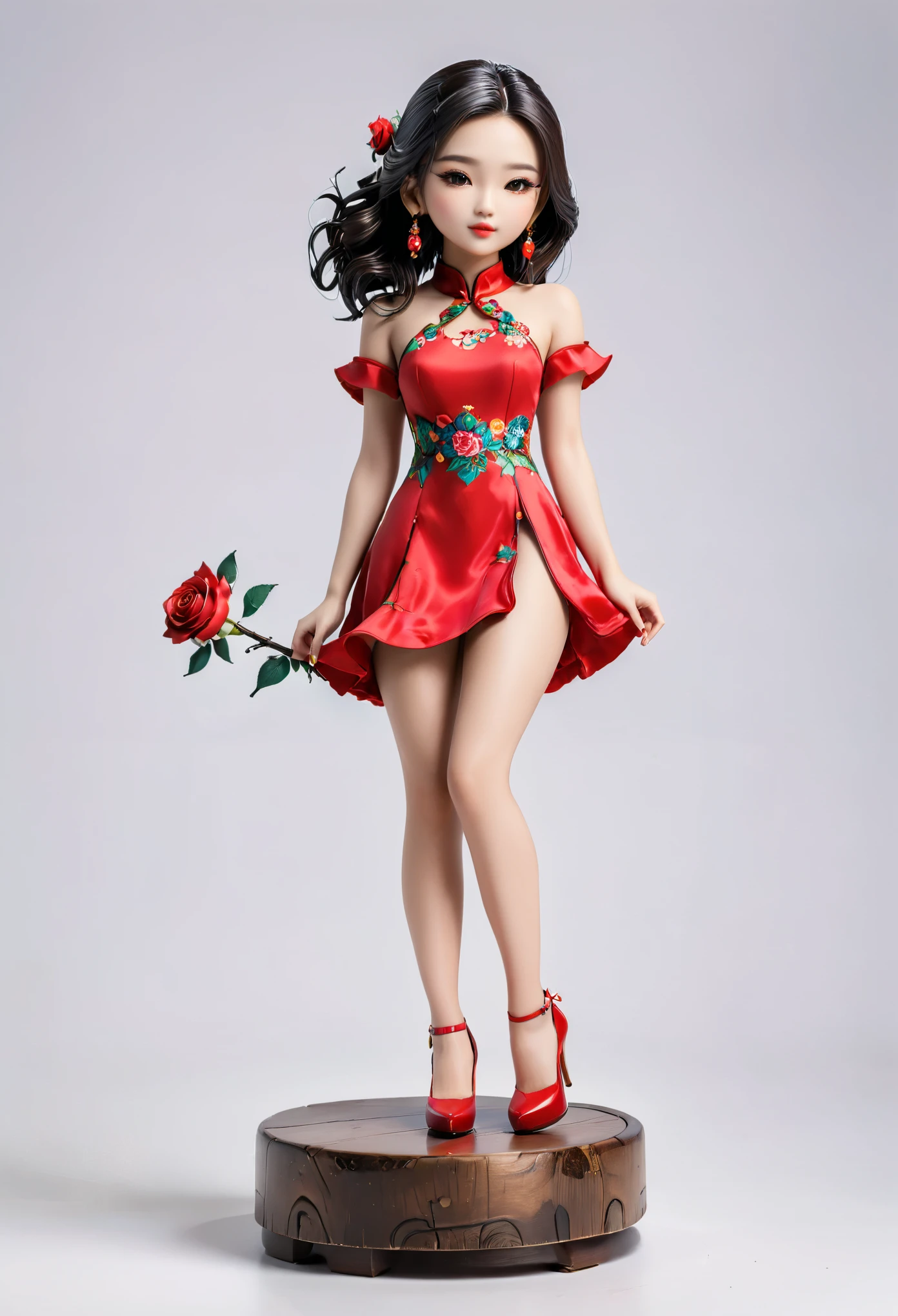 (Blind Box Spielzeug Stil:1.2),full body, solo,white background,(1 Beautiful girl Models ,Stand on a round wooden base,red rose dress, high heels),(Oriental elements, Chinese color,Very colorful)