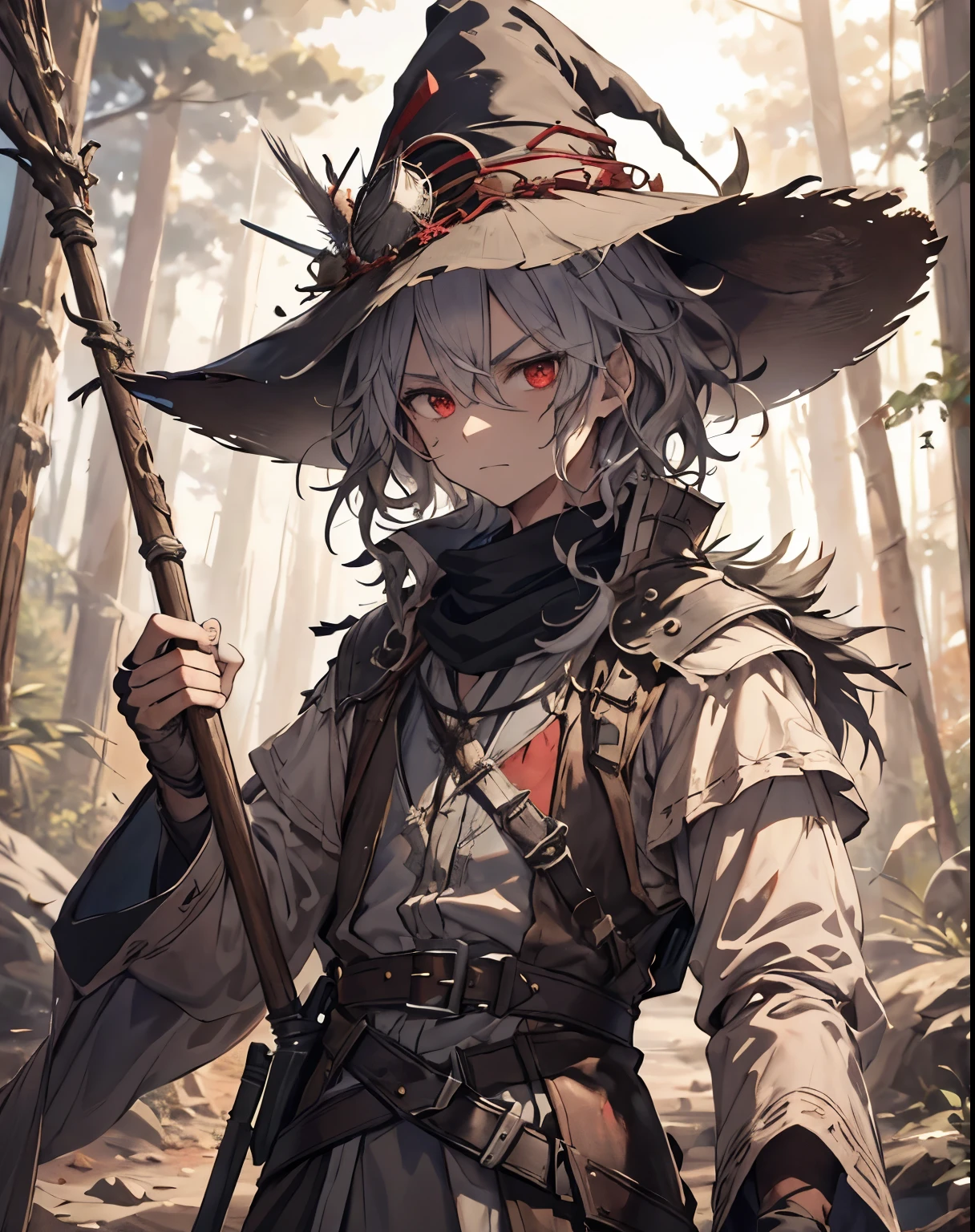 masterpiece, 1men, sparrow, a silver  haired men, wearing a medieval villager clothes, curly medium hair, messy hair, slim body, wearing adventurer clothes, he close her left eye, shirt ornament, angry expression, red eyes, stand at forest, ahoge, black wizard hat