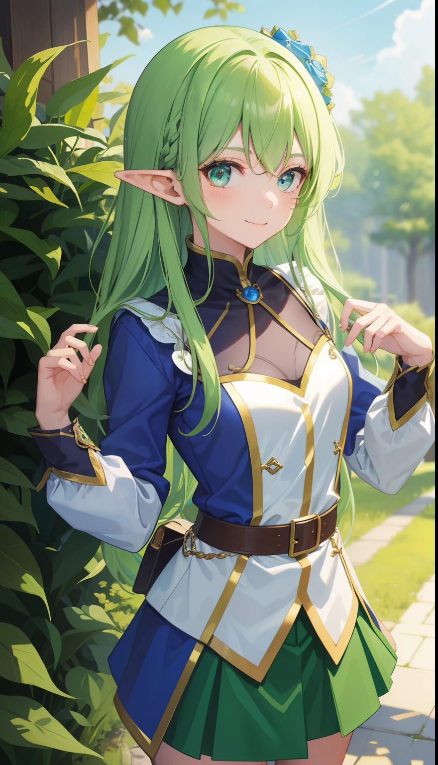 1 girl、smile、pretty girl、elf、green hair、shirt、skirt、(small breasts)、Portrait from the crotch up、