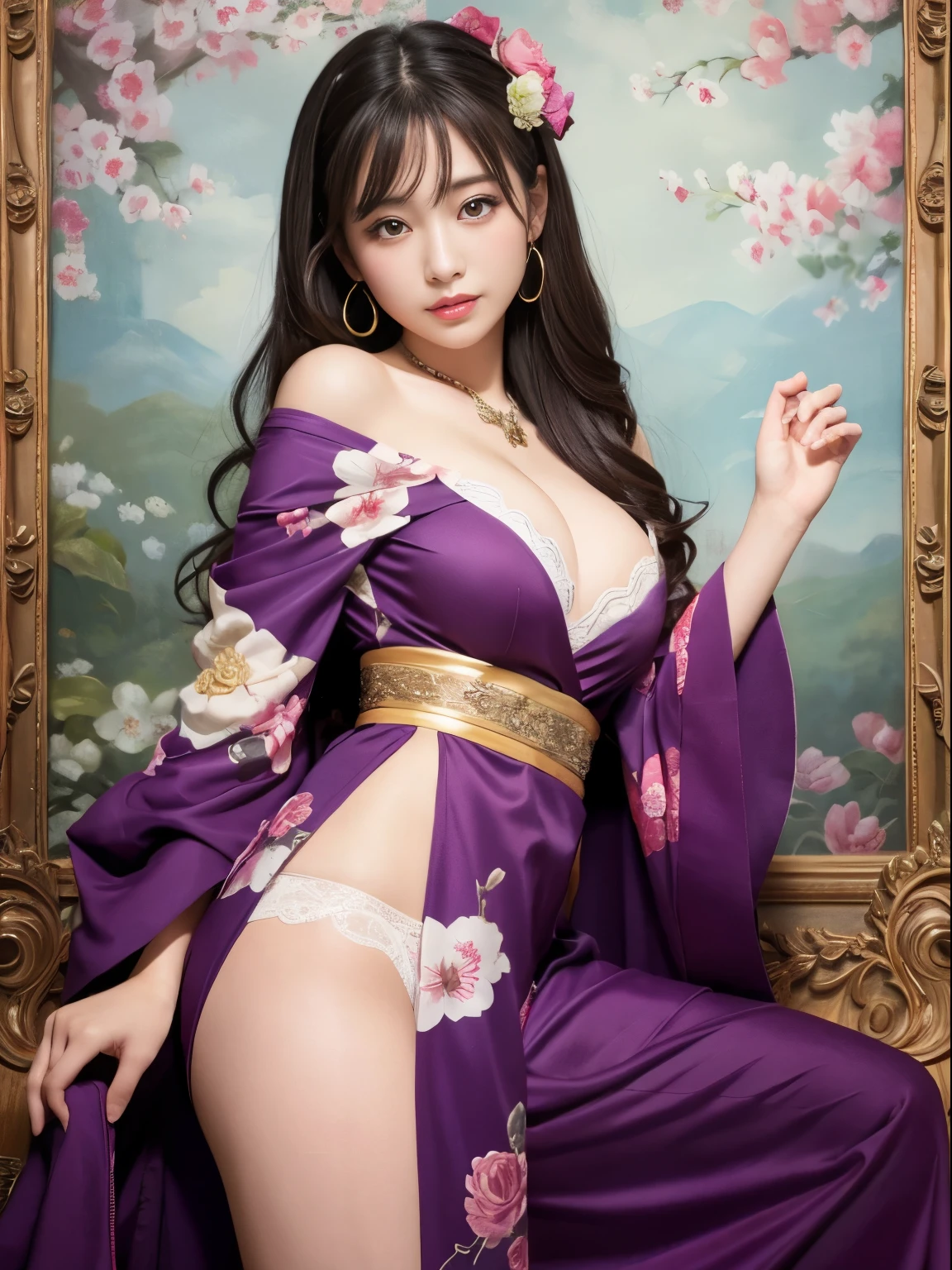 japanese woman 22age muste piece、highest quality、real、Super fine、Fine、High resolution、8K wallpaper、perfect dynamic composition、Beautiful eyes in every detail、kimono、off shoulder、cleavage、whole body、C cup、nude、underwear