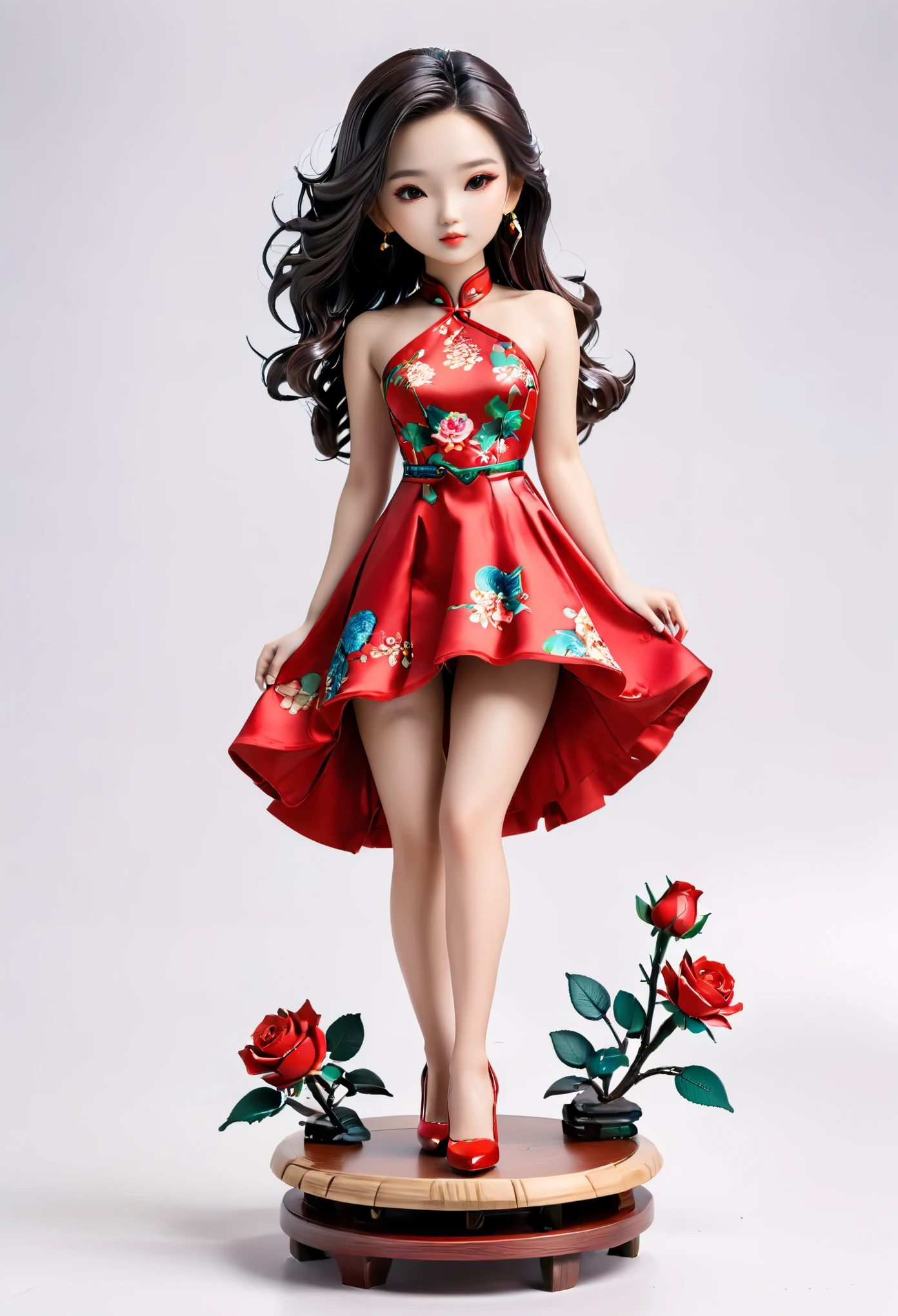 (Blind Box Spielzeug Stil:1.2),full body, solo,white background,(1 Beautiful girl Models ,Stand on a round wooden base,red rose dress, high heels),(Oriental elements, Chinese color,Very colorful)