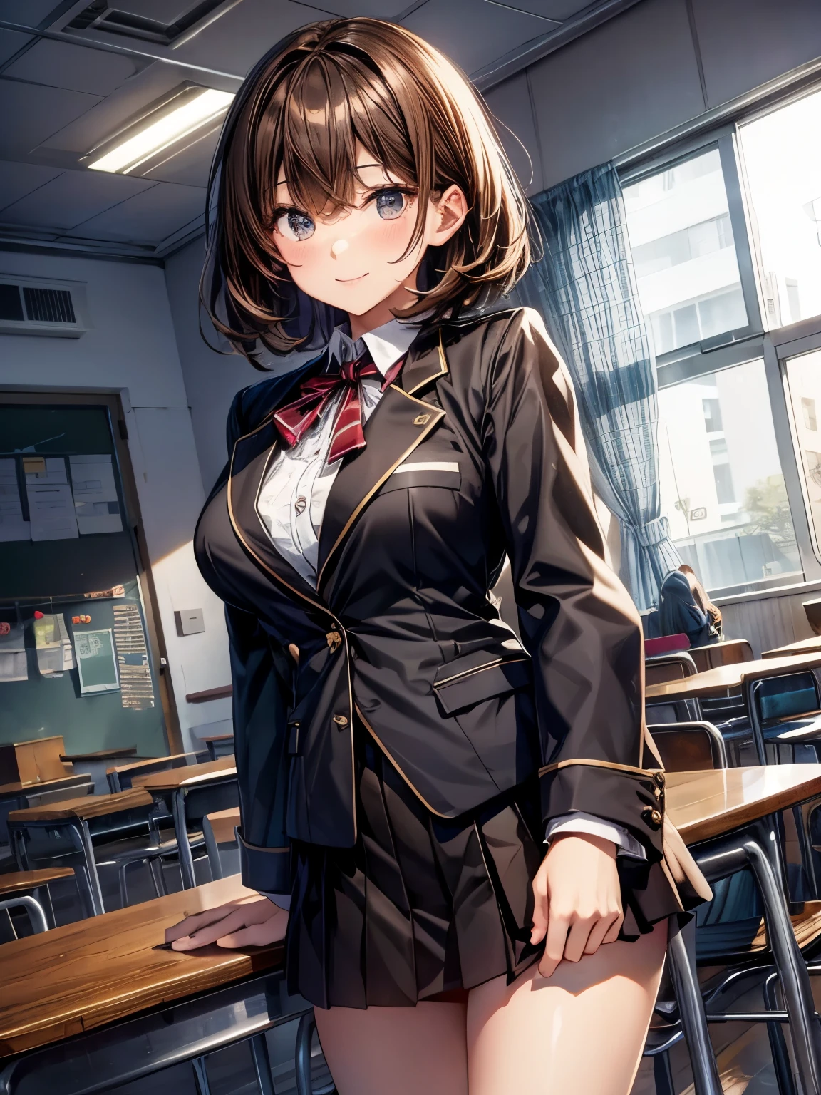 highest quality、complete limbs、one beautiful woman、((brown haired woman:1.3))、short hair woman、big breasted woman、high school girl、black uniform、black blazer、black mini skirt、black pantyhose、School、big smile、classroom、machine、machineの上に座る