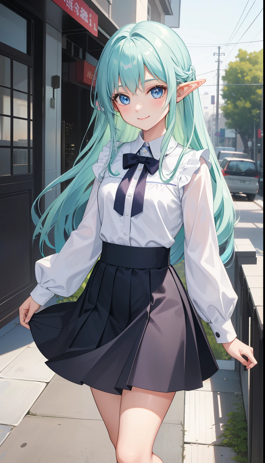1 girl、smile、pretty girl、elf、shirt、skirt、（small breasts）、Portrait from the crotch up、