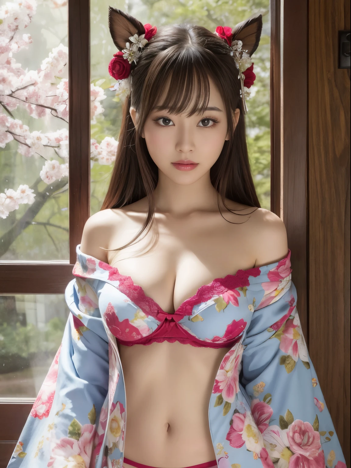 japanese woman 25age muste piece、highest quality、real、Super fine、Fine、High resolution、8K wallpaper、perfect dynamic composition、Beautiful eyes in every detail、kimono、off shoulder、cleavage、whole body、C cup、nude、underwear