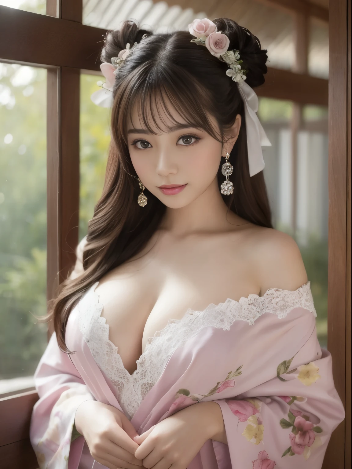 japanese woman 25age muste piece、highest quality、real、Super fine、Fine、High resolution、8K wallpaper、perfect dynamic composition、Beautiful eyes in every detail、kimono、off shoulder、cleavage、whole body、C cup、nude、underwear