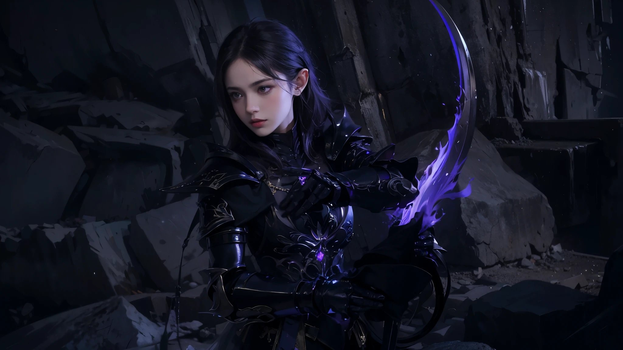 femme aux cheveux violets en tenue noire tenant une épée dans une grotte, Wear dark purple armor, elfe noir, Armure noire brillante, personnage de sorcière noire, wearing Armure noire, wearing a armure sombre, elfe noir princess, sharp Armure noire, pale Armure noire, arcaniste sombre, armure sombre, black fire colored reflective armor, style fantastique sombre, je vais, Armure noire