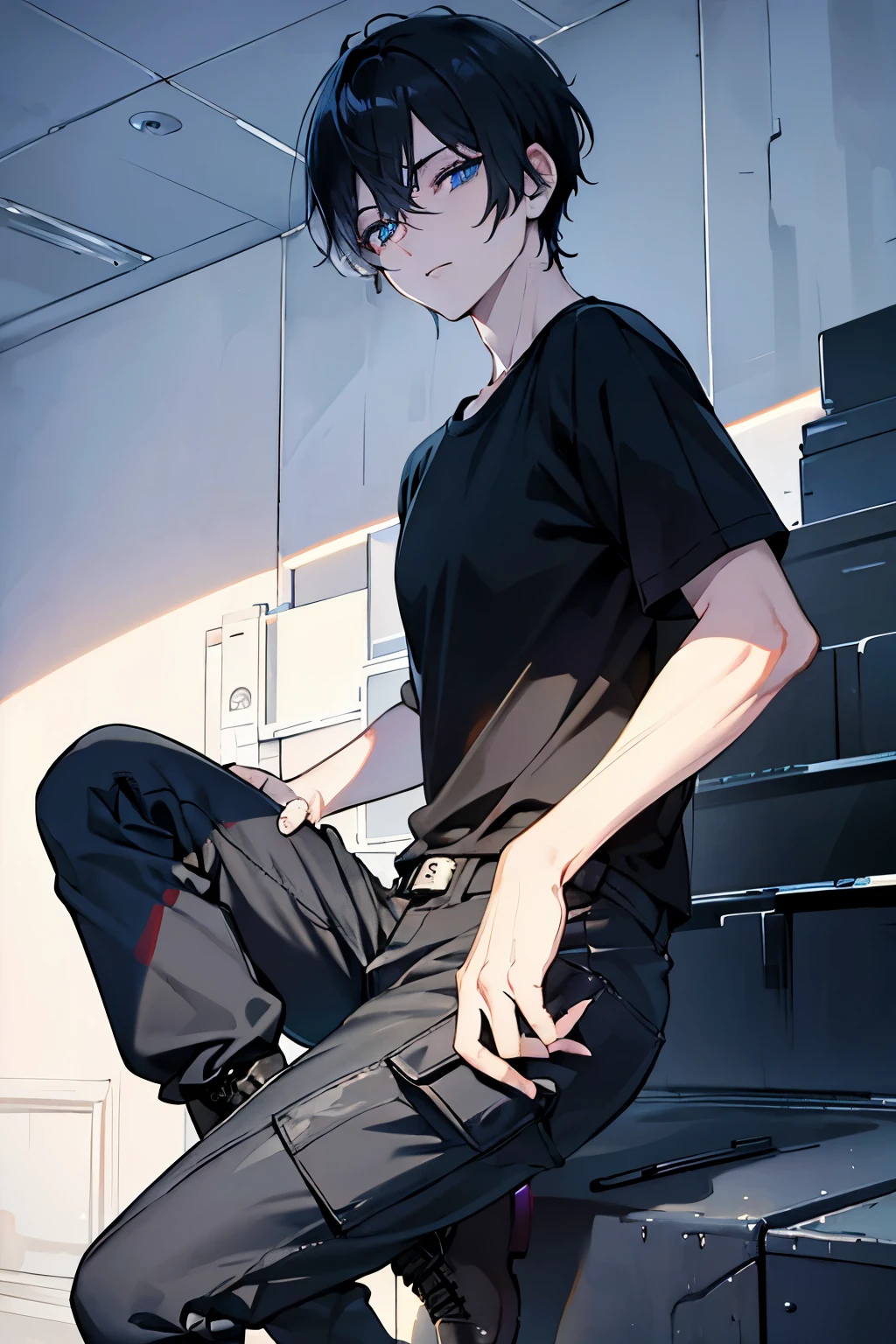 male　black hair　blue eyes　very short hair　one person　shirt　cargo pants　boots　bar　casino　masterpiece　Highest image quality　noise removal　clear parts 　cinematic shadow　Increases the attractiveness of the eyes　clear parts the shine of the eyes　draw eyelashes neatly　perfect eyes　detailed eyes　sharpen image quality　sharpen eye writing　clear parts eye shape