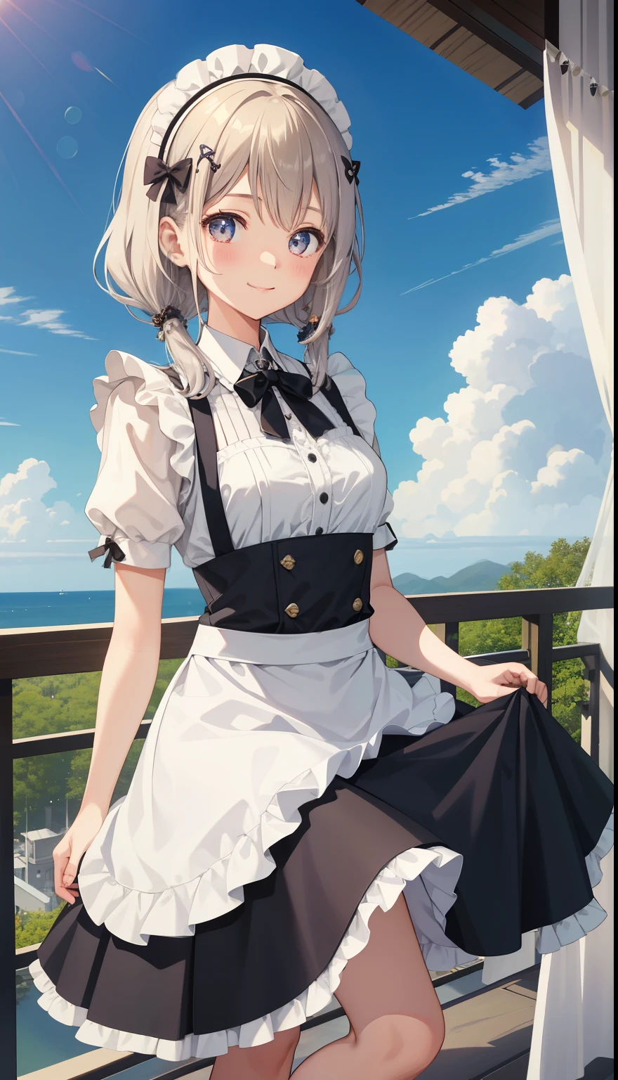 1 girl、smile、shirt、skirt、apron、hair ornaments、cream hair、maid、maidコスチューム、(small breasts)、Wind、squat、