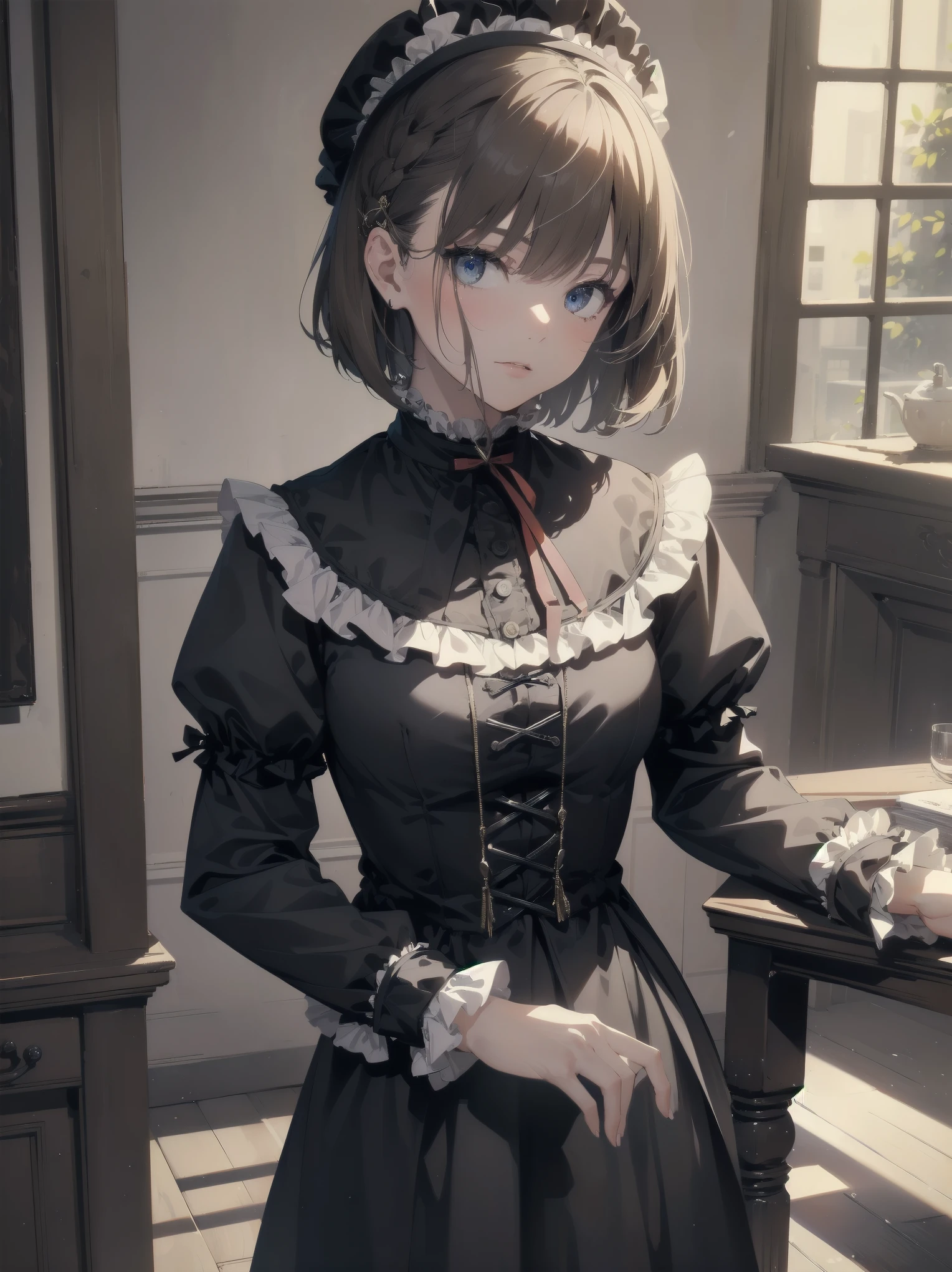 (Top quality, 16K, Masterpiece, Super high resolution, Victorian, Photorealistic: 1.2), 1 girl, devil costume, cassock clothing, Cowboy shot, One-length bob cut braided hair clip at front, Cute, Neat, Tundere, Heroine attributes, Artistic shading, Currents rejected.