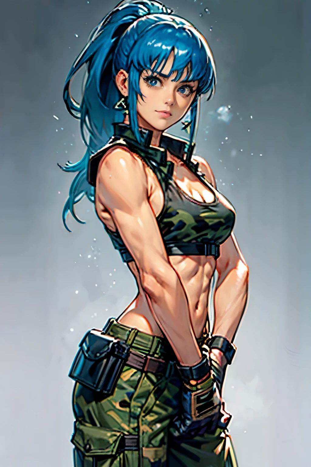 1girl, leona heidern, solo, blue eyes, blue hair, ponytail, tank top, camouflage pants, jewelry, cleavage, camouflage, bare shoulders, large breasts, crop top, pouch, bangs, belt, earrings, sleeveless, midriff, long hair, triangle earrings, black gloves, abs, smile, BETorn, BETaut, skindentation, bursting breasts, taut clothes, undersized clothes, perfect anatomy, she has perfect hands, (beautifully detailed face, oily shiny skin),shinkiro,shinkiro, snk, kof, shinkiro style,