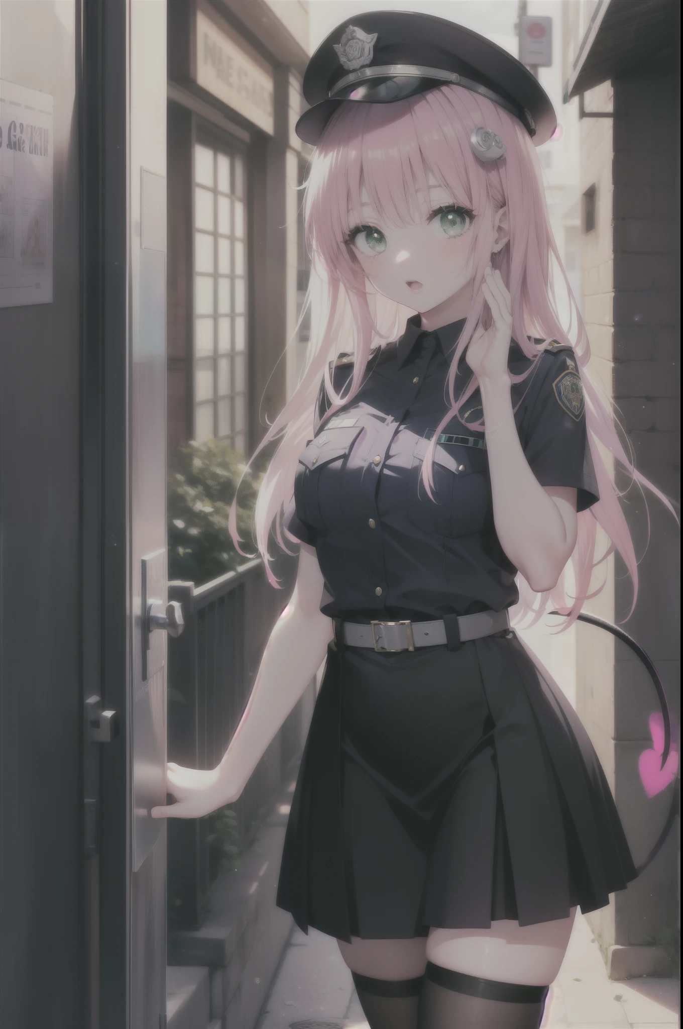 Lara Deviluke, Lara Deviluke, long hair, pink hair, tail, Ahoge, bangs, hair ornaments, (green eyes:1.5), open your mouth,Black Abyss glasses,police hat,sexy police uniform,black skirt black tights,all,girl saluting, put your hand on your head, police box Entrance,
break outdoors, In town,
break looking at viewer, (cowboy shot:1.5),
break (masterpiece:1.2), highest quality, High resolution, unity 8k wallpaper, (figure:0.8), (beautiful detailed eyes:1.6), extremely detailed face, perfect lighting, extremely detailed CG, (perfect hands, perfect anatomy),