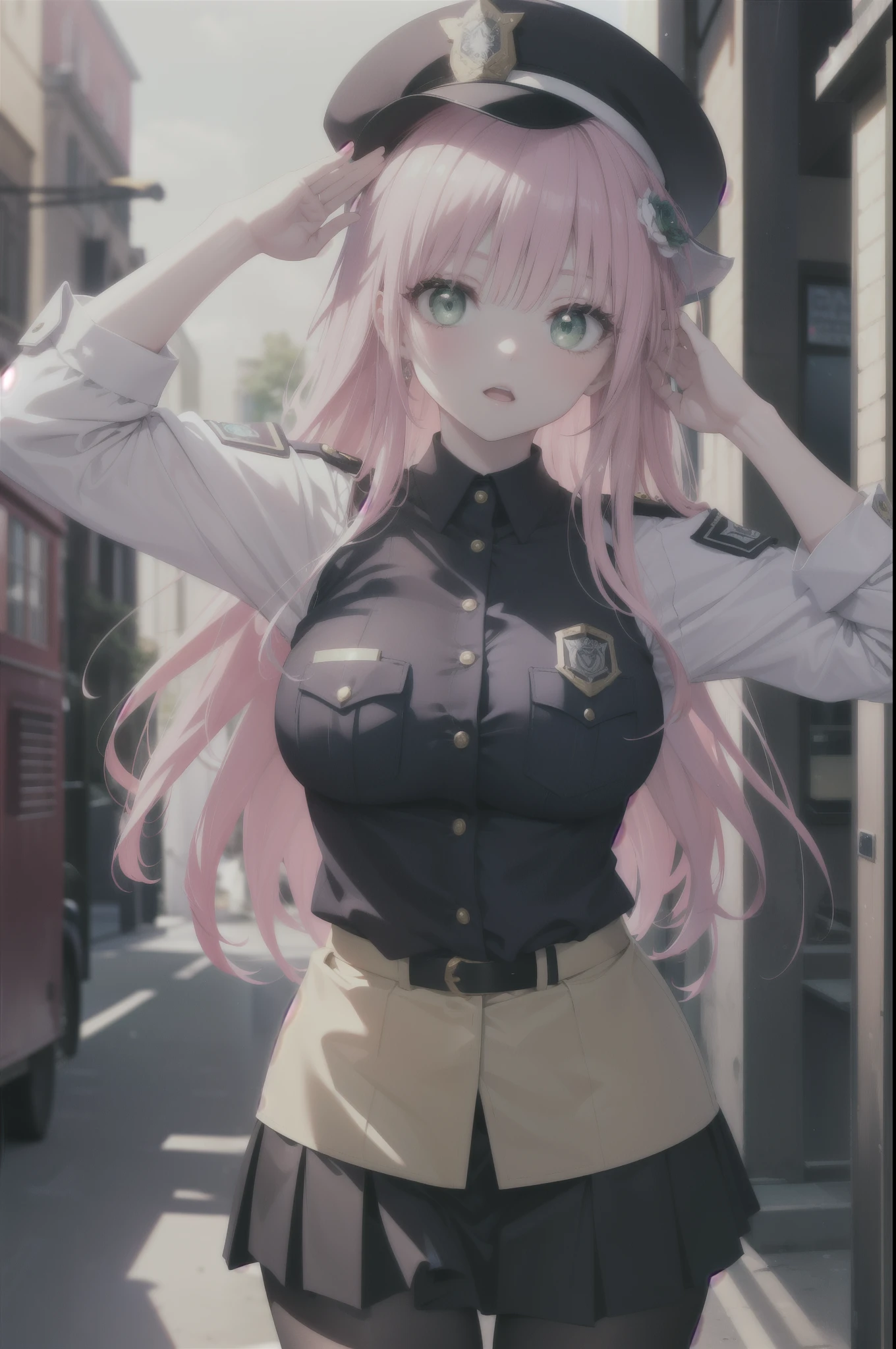 Lara Deviluke, Lara Deviluke, long hair, pink hair, tail, Ahoge, bangs, hair ornaments, (green eyes:1.5), open your mouth,Black Abyss glasses,police hat,sexy police uniform,black skirt black tights,all,girl saluting, put your hand on your head, police box Entrance,
break outdoors, In town,
break looking at viewer, (cowboy shot:1.5),
break (masterpiece:1.2), highest quality, High resolution, unity 8k wallpaper, (figure:0.8), (beautiful detailed eyes:1.6), extremely detailed face, perfect lighting, extremely detailed CG, (perfect hands, perfect anatomy),