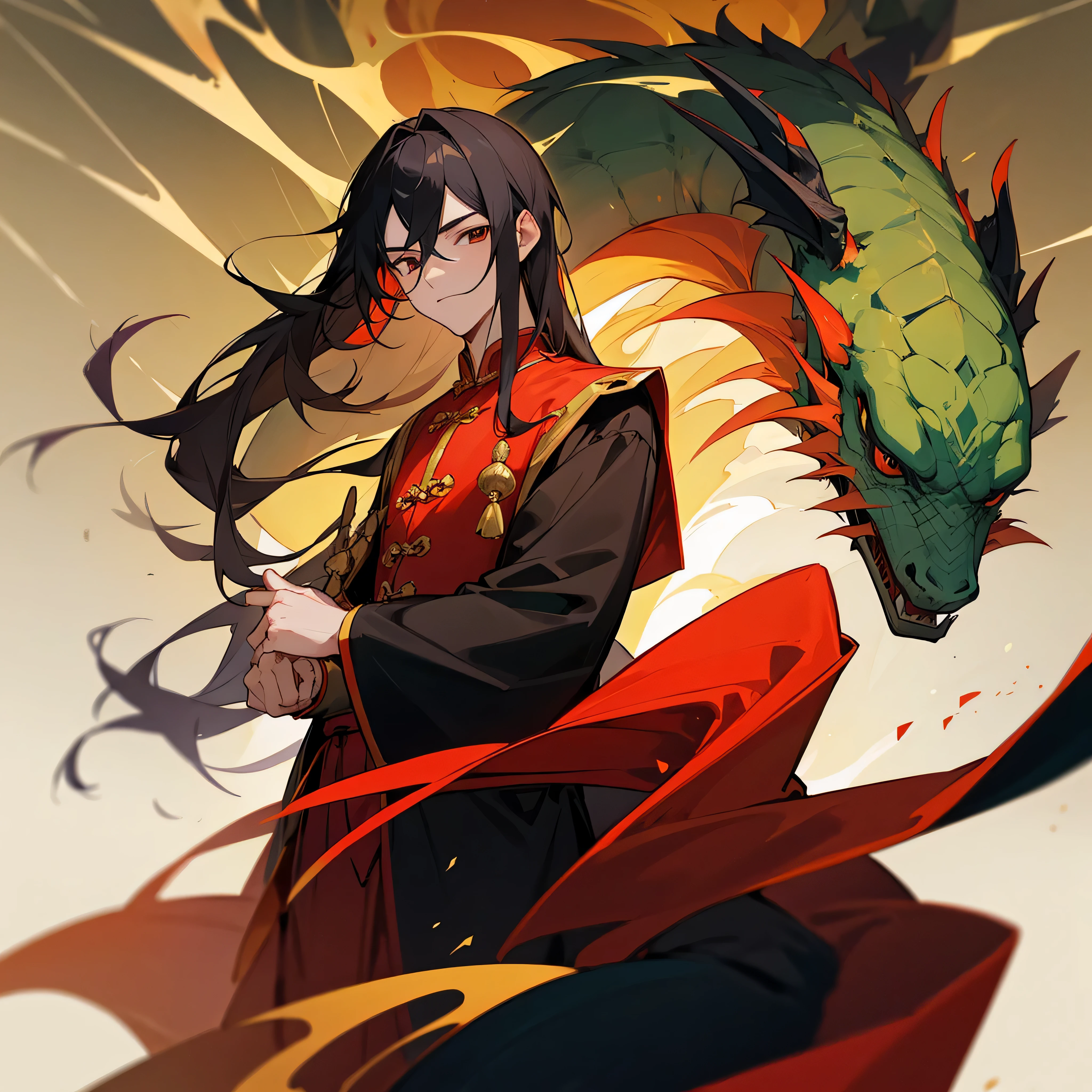 Boy, oriental scientist, eastern dragon, red chinese clothes with gold, Black long hair, portrait on the way