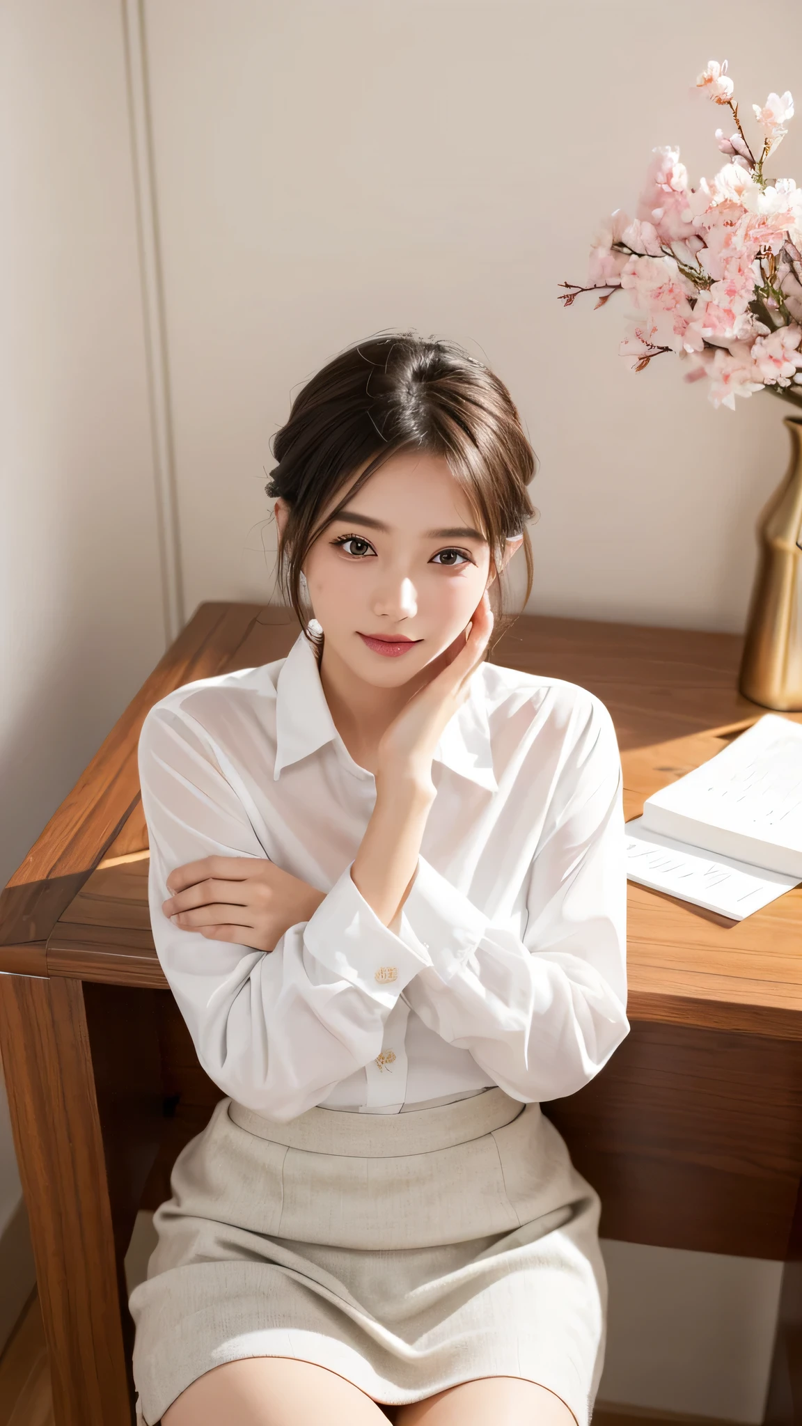 ((highest quality, 8k, table top: 1.3, RAW photo)) with sharp focus: 1.2 of複雑な詳細機能について (1 Aespa Girl: 1.1), sitting alone at a realistic desk, それでいて居心地of良いオフィスルーム. 彼女of顔, with a cute, highly detailed expression and messy, Yet adorable short hair, 彼女は小さなことをするofで注目of的です, shy smile. of table is adorned with a blooming array of flowers, Add a bright pop of color to your scene. of (white button down shirt and skirt: 1.2) 花of自然な色合いとofコントラスト, and